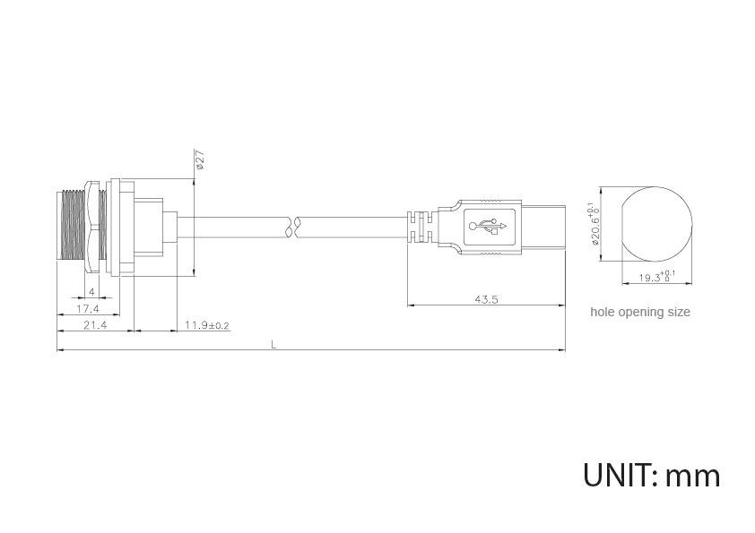 Technische tekening van een USB-verbindingskabel met afmetingen in millimeters. Toont stekkertype, kabellengte en gat-opening.