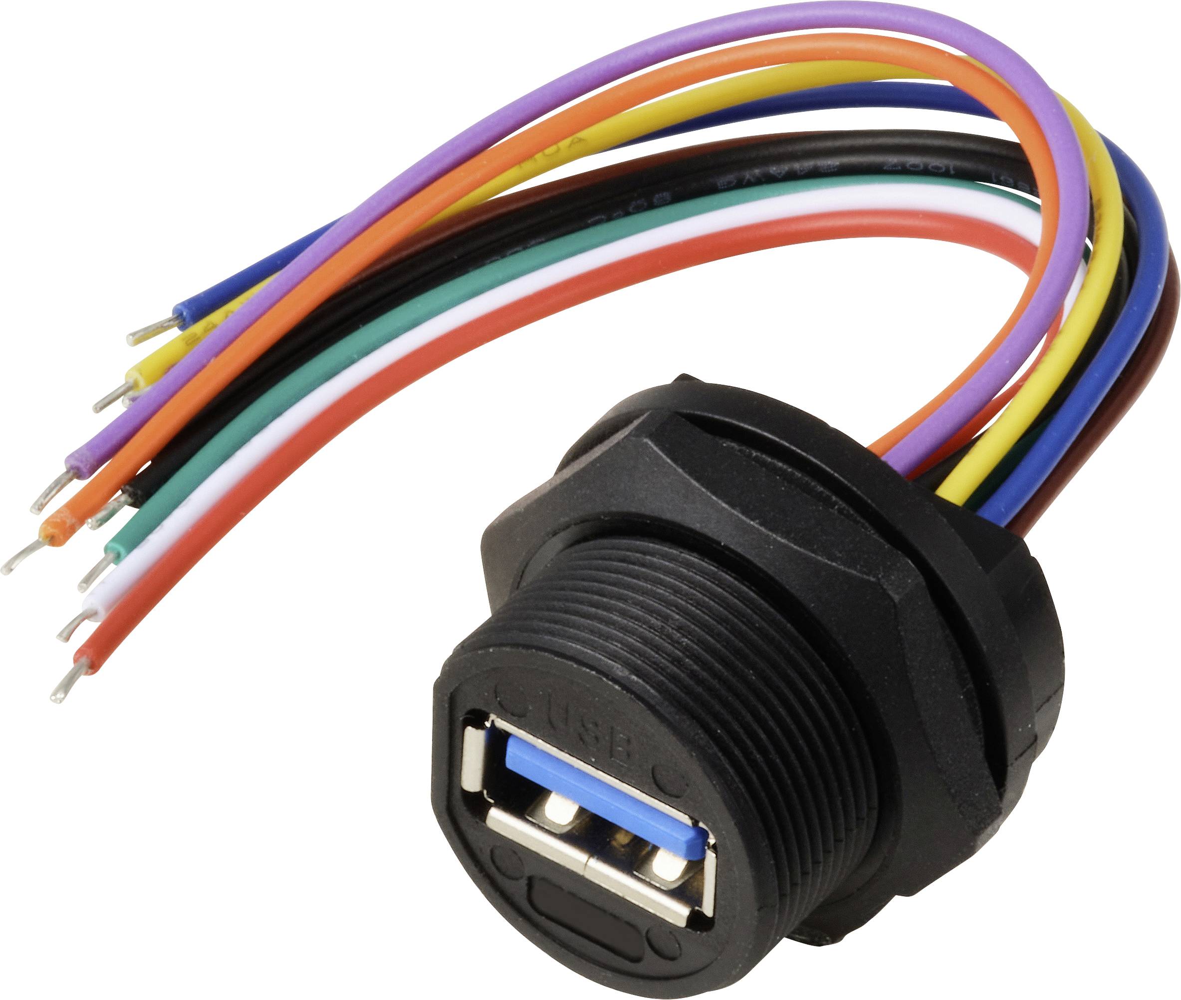 USB-aansluiting met meerdere gekleurde kabels voor gegevensoverdracht en stroomvoorziening in elektronische apparaten.
