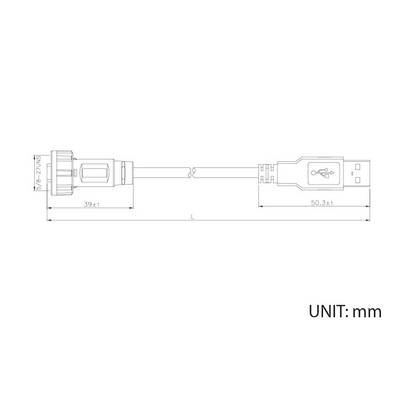 Technische tekening van een USB-kabel met afmetingen in mm; links stekker, rechts USB-aansluiting.