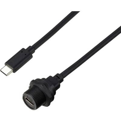 USB-C-kabel met aansluiting voor het frontpaneel, geschikt voor inbouw in een apparaat of behuizing. Toont de voor- en achterkant.
