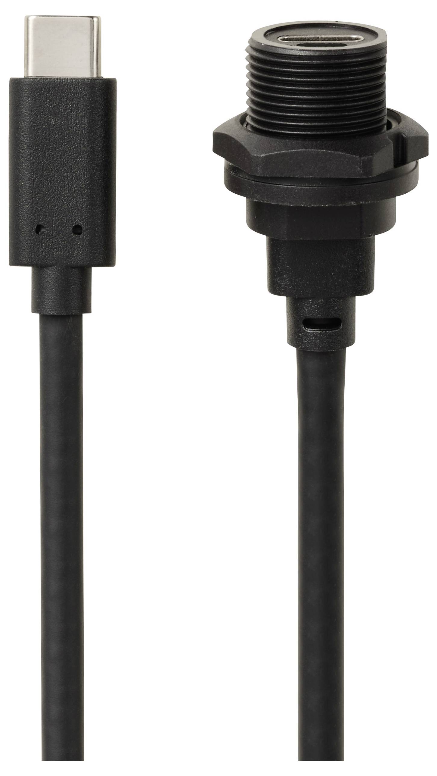 Twee USB-C-stekkers: links standaard USB-C, rechts monteerbare USB-C-aansluiting met schroefdraad. Ideaal voor robuuste toepassingen.