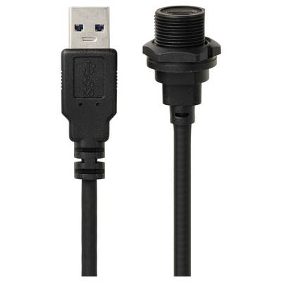Een zwarte USB-kabel met mannelijke en vrouwelijke aansluitingen. De linker aansluiting is een standaard USB-stekker, de rechter is een aansluiting met schroefdraad.