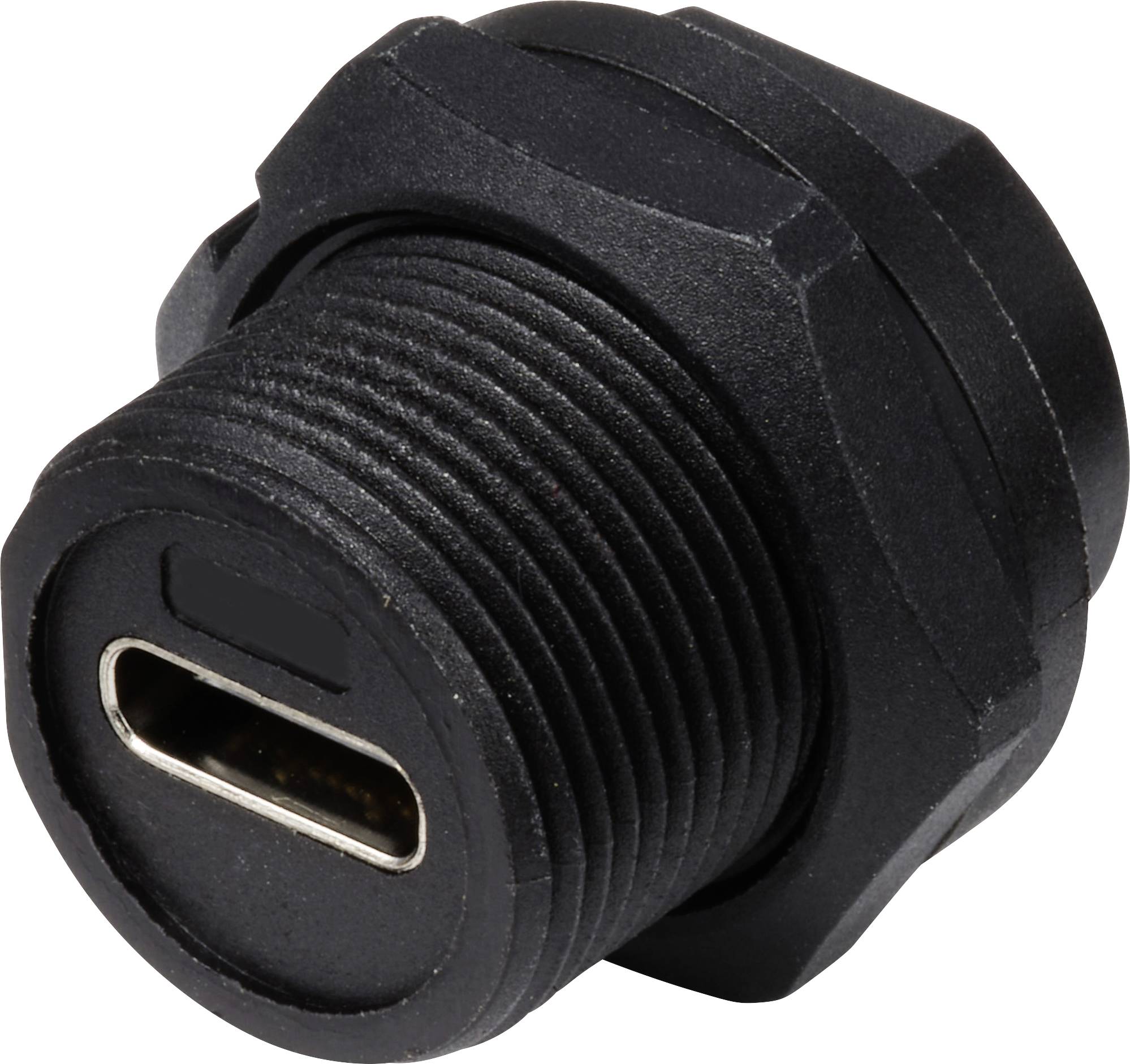 Zwarte USB-C-aansluiting, robuust ontwerp, geschikt voor industriële toepassingen. Apparaat toont vooraanzicht met aansluitopening.