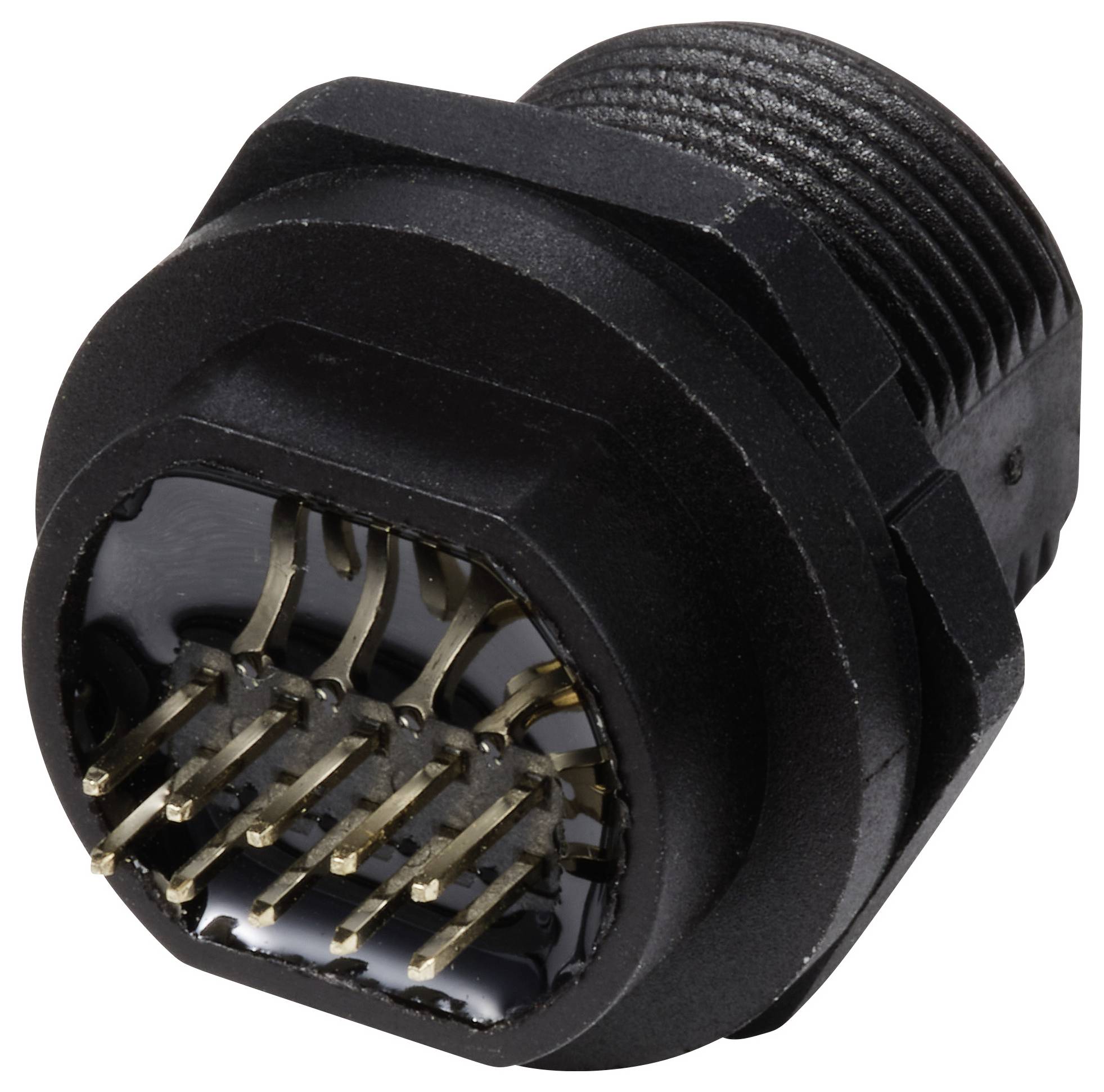 Een zwarte elektrische connector met meerdere goudkleurige pinnen, geschikt voor industriële of elektronische toepassingen.