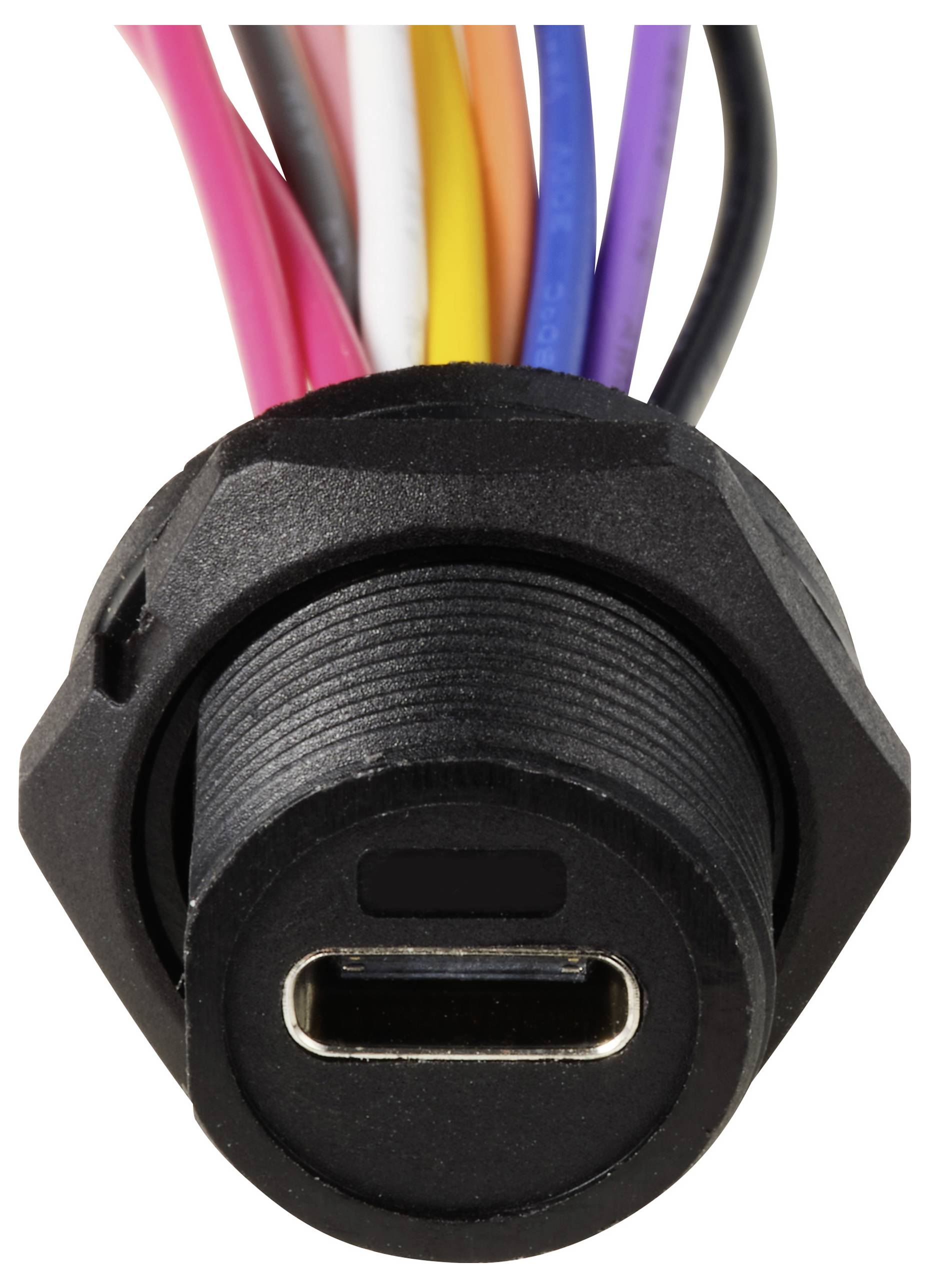 Vooraanzicht van een USB-C-aansluiting met meerdere gekleurde kabels die bovenaan zichtbaar zijn; toont de verscheidenheid aan aansluitingen.