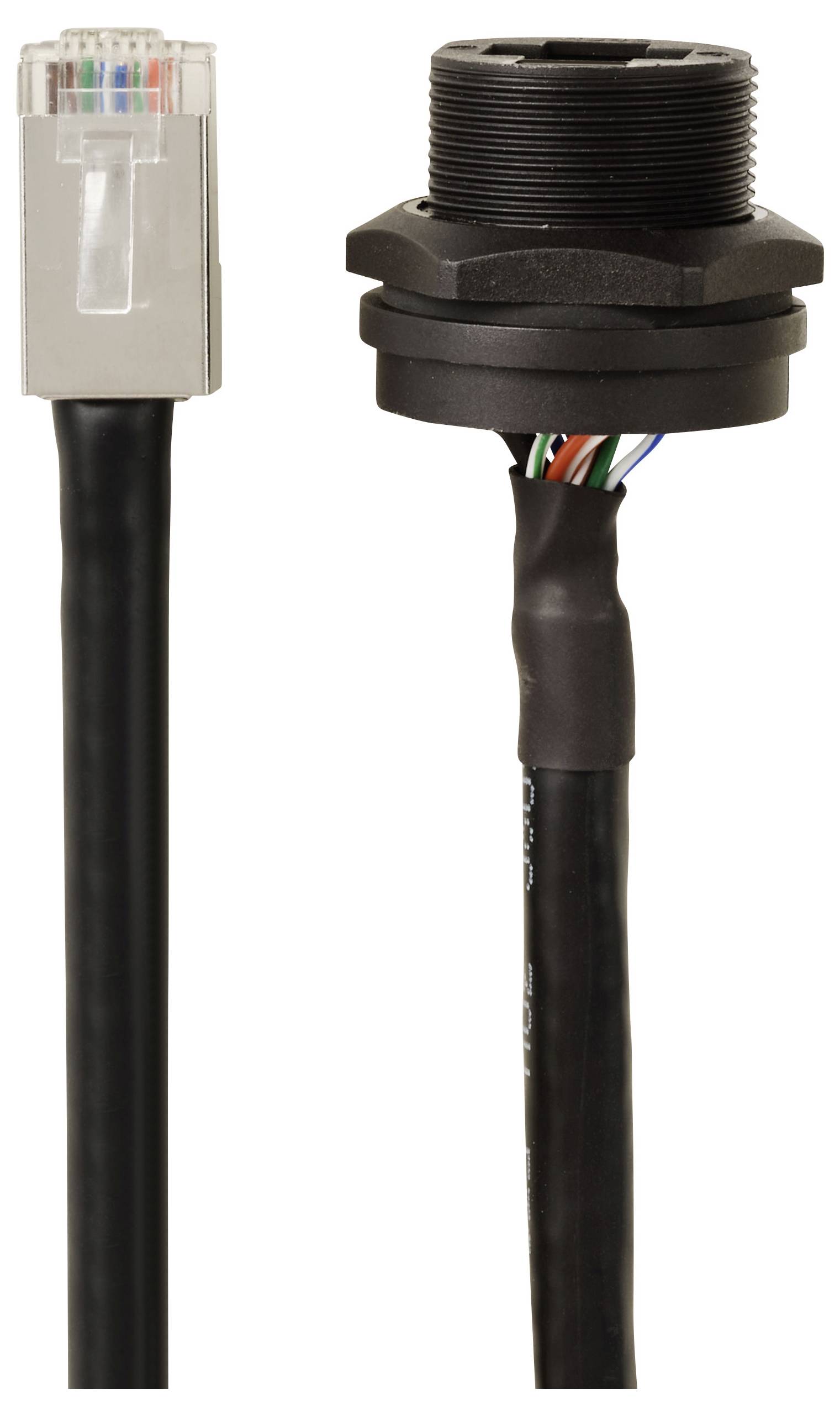 'Een Ethernet-stekker en een connector met blootliggende kabels, naast elkaar getoond. Beide zijn geschikt voor gegevensverbindingen.'