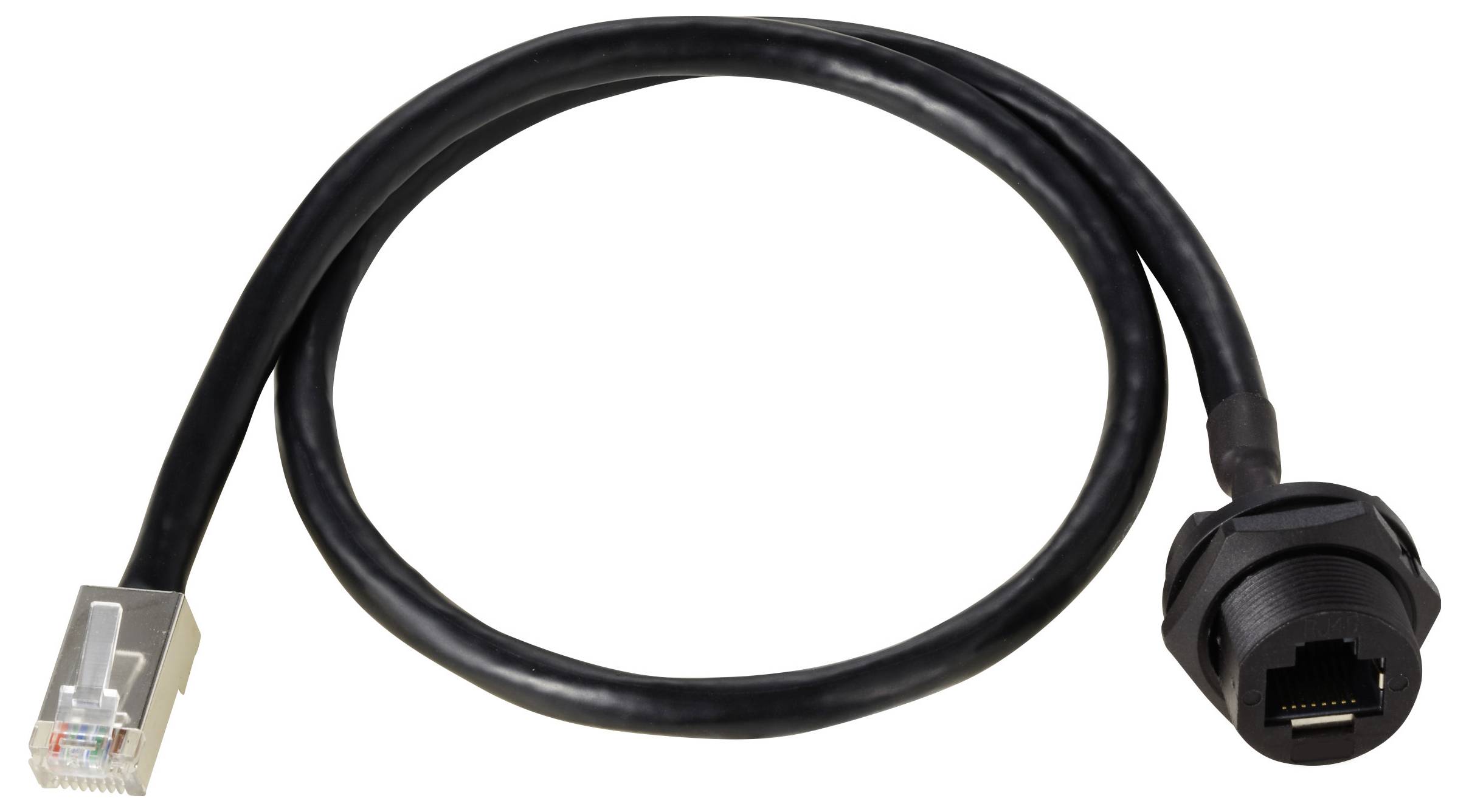 Een zwart Ethernet-kabel met een RJ45-stekker links en een ronde aansluiting rechts, geschikt voor netwerkaansluitingen.