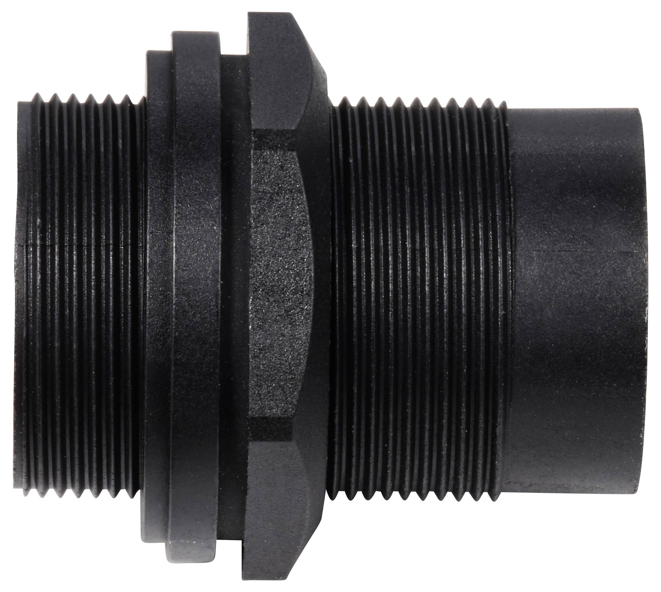 Zwart, cilindrisch onderdeel met geprofileerd oppervlak. Het oogt technisch en zou deel kunnen uitmaken van een apparaat of machine.