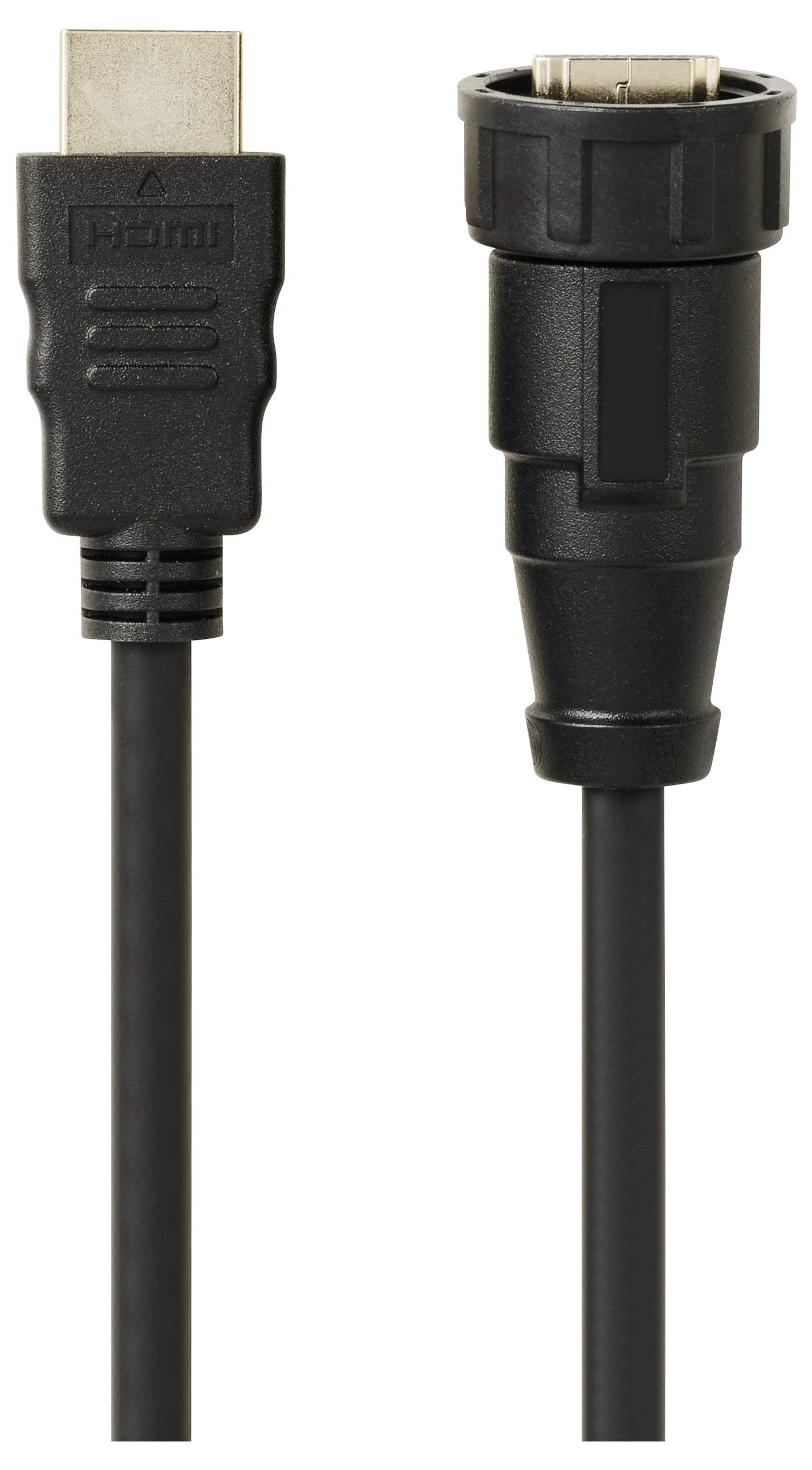 'Een HDMI-stekker naast een robuuste, industriële connector.'