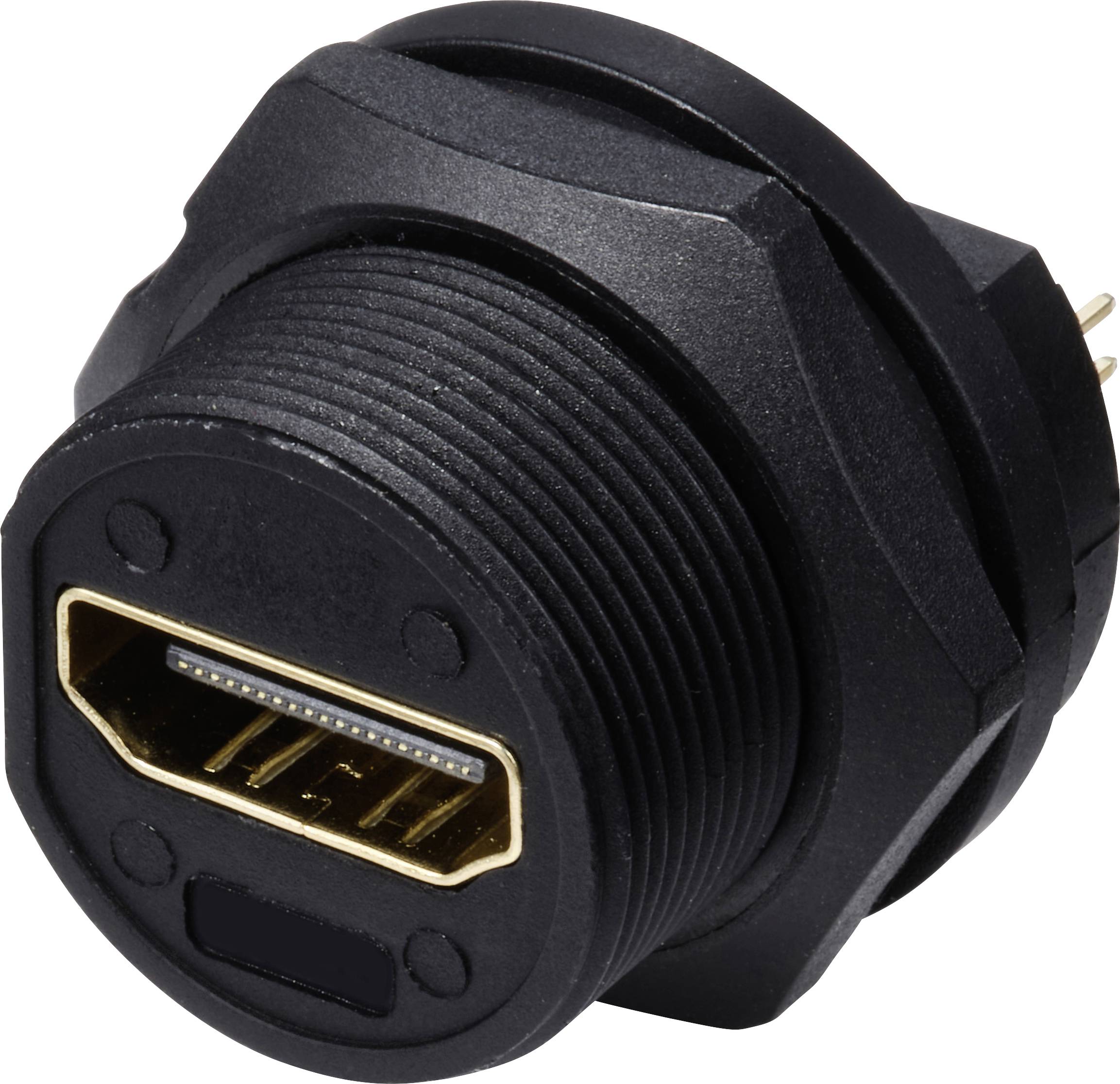 Een zwarte HDMI-aansluiting, geschikt voor paneelmontage, toont de gouden bus voor digitale audio- en videotransmissie.