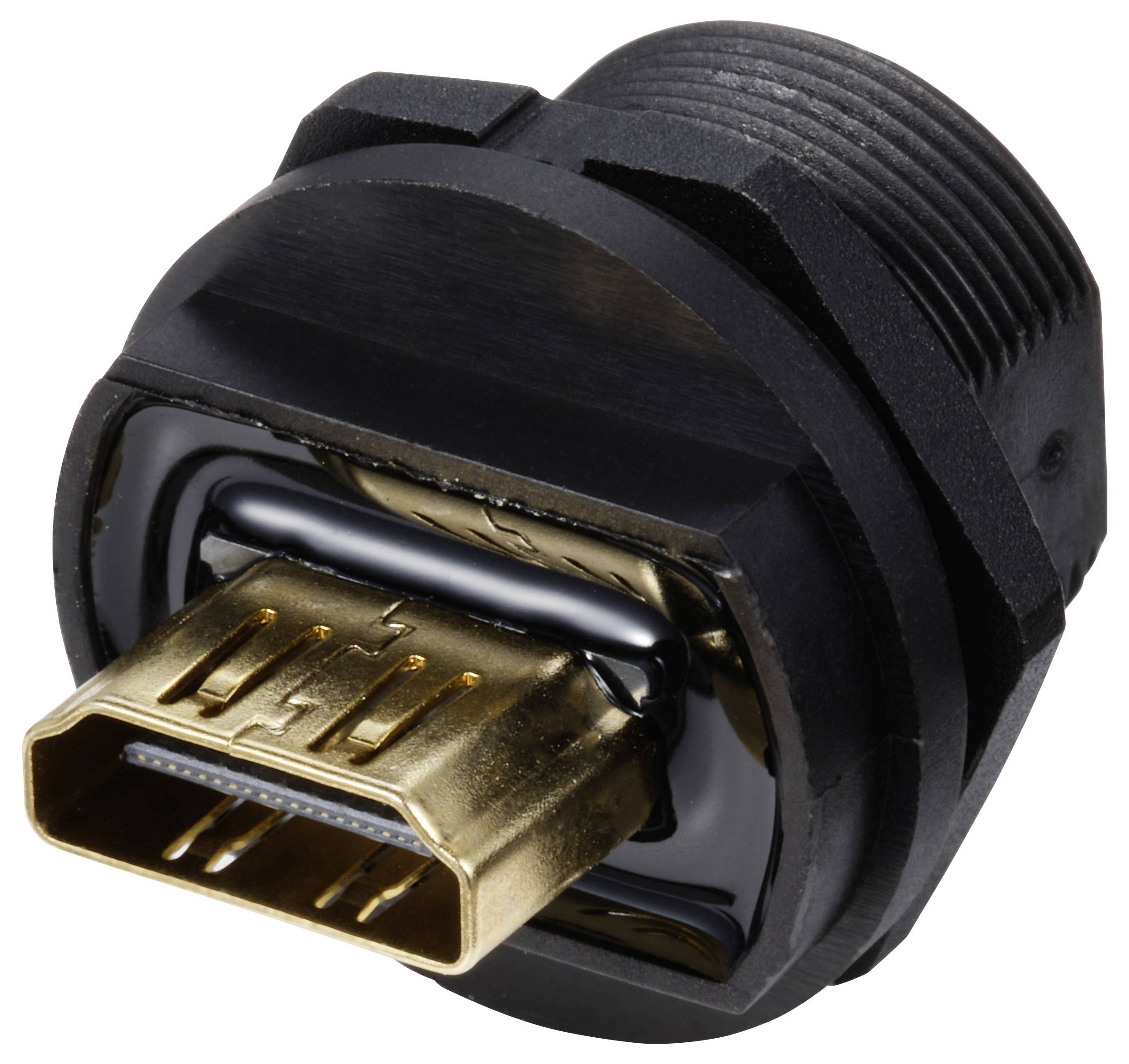 Een HDMI-stekker in zwarte uitvoering, geschikt voor aansluiting van audio- en videoapparatuur.