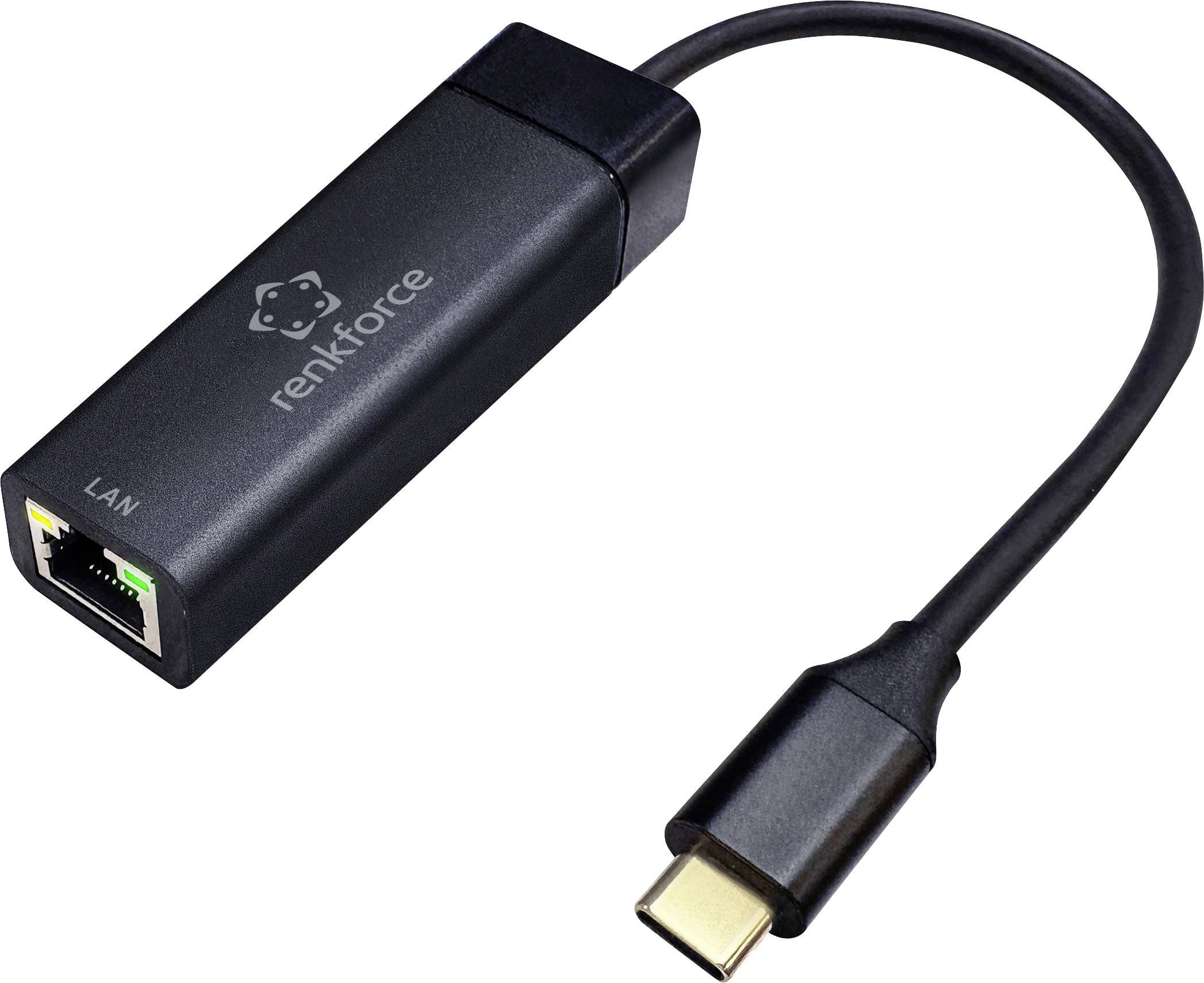 Een zwarte USB-C-naar-LAN-adapter van Renkforce met LAN-aansluiting, met groen en geel verlichte statusindicatoren.