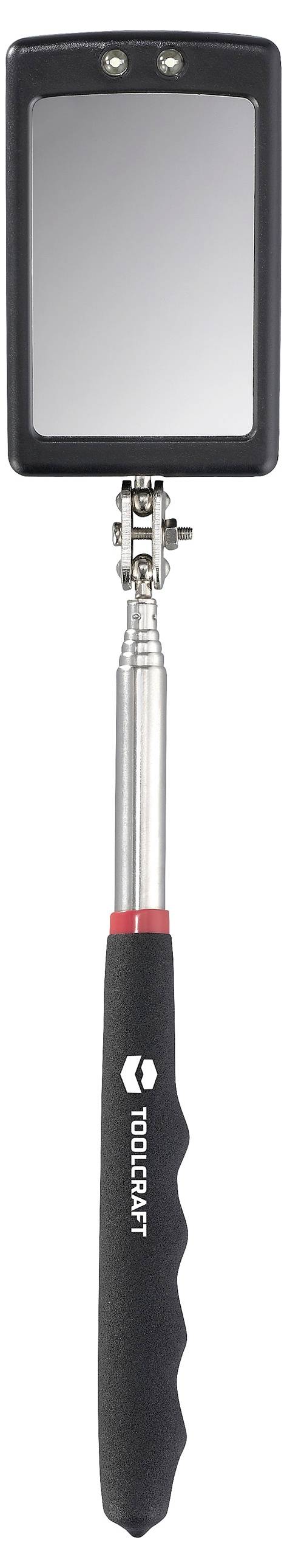 Telescopische inspectiespiegel met LED-verlichting en rubberen handgreep, ideaal voor moeilijk bereikbare plaatsen.