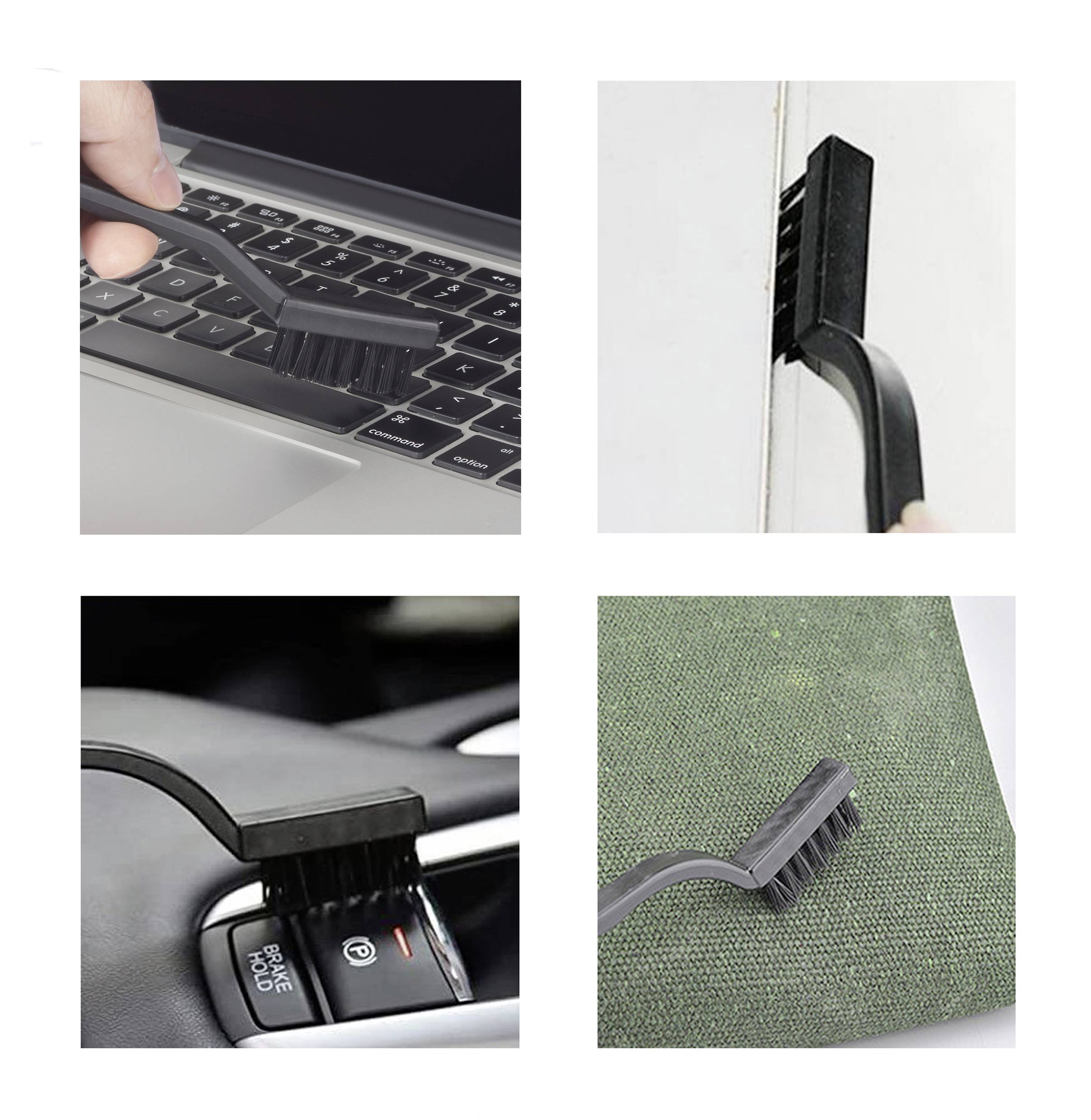 Een kleine borstel die verschillende oppervlakken reinigt: een laptoptoetsenbord, een deuropening, een auto-interieur en groene stof.