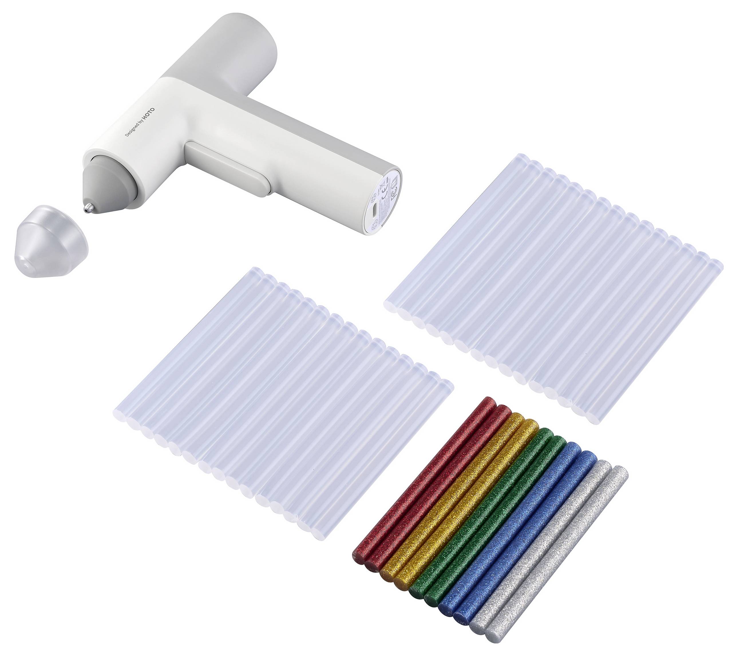 Een lijmpistool met een verwijderbare mondstukdop en meerdere lijmsticks in heldere en glinsterende kleuren wordt getoond.
