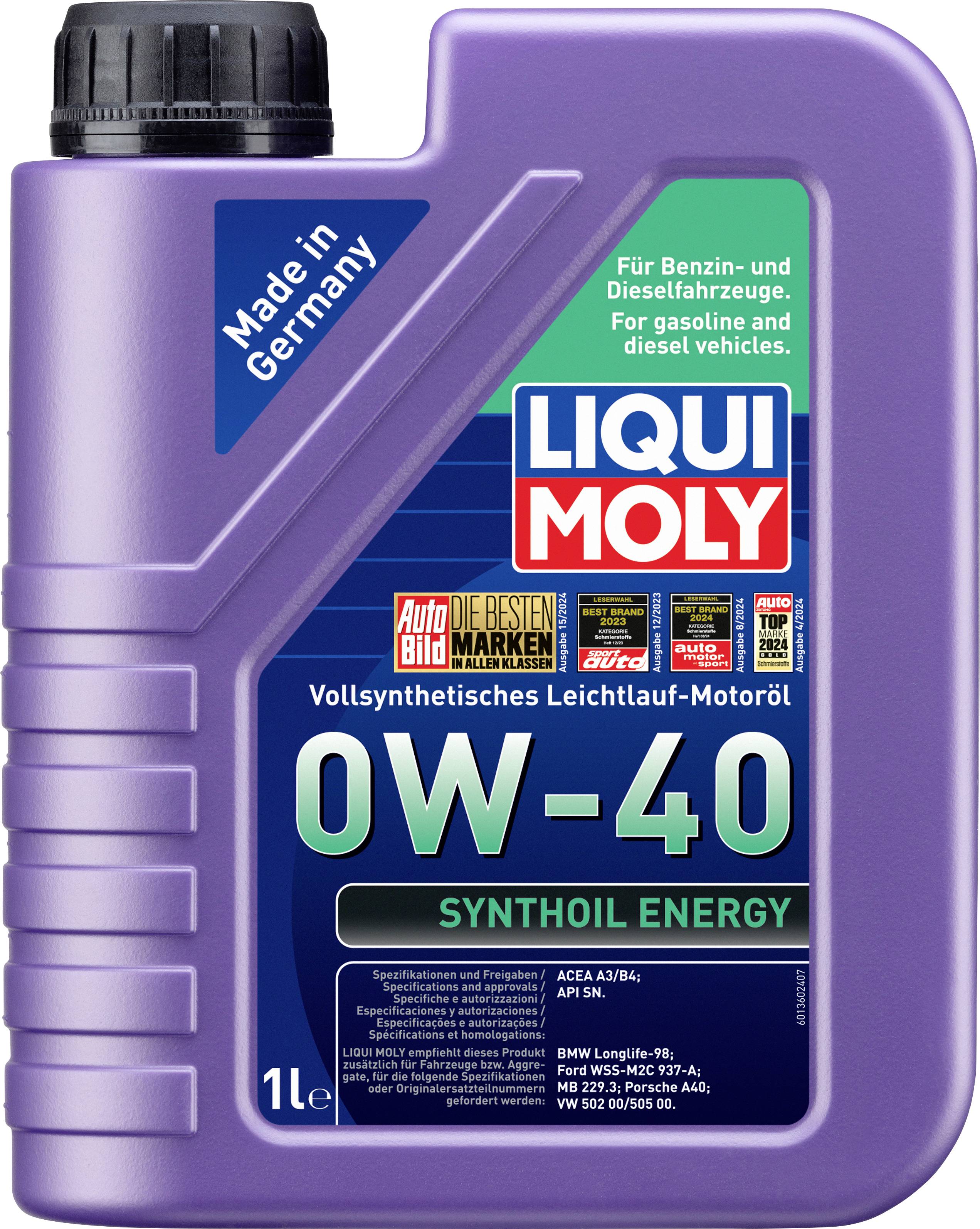 'Paarse fles volledig synthetische motorolie 0W-40 van Liqui Moly, 1L. Geschikt voor benzine- en dieselvoertuigen. Geproduceerd in Duitsland.'