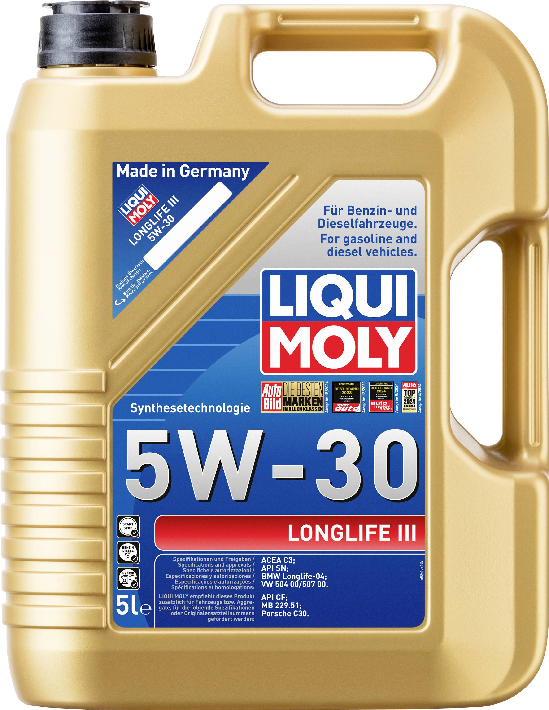 Jerrycan met 5 liter LIQUI MOLY 5W-30 motorolie, geschikt voor benzine- en dieselvoertuigen. 'Made in Germany', met kwaliteitslogo's.
