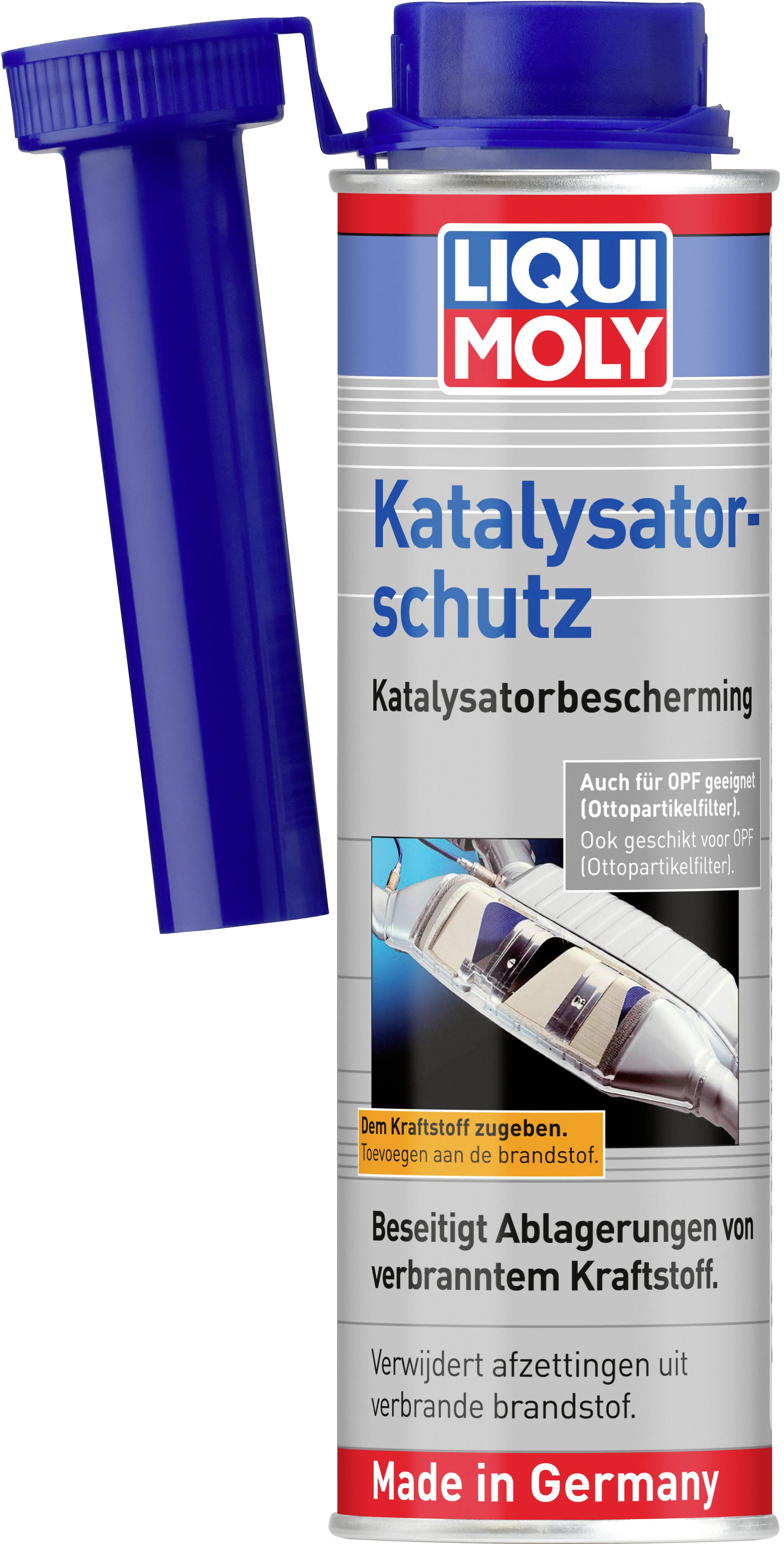 Een blik met het opschrift 'LIQUI MOLY Katalysatorbescherming' en 'Made in Germany'. Op de voorkant staat een afbeelding van een katalysator.