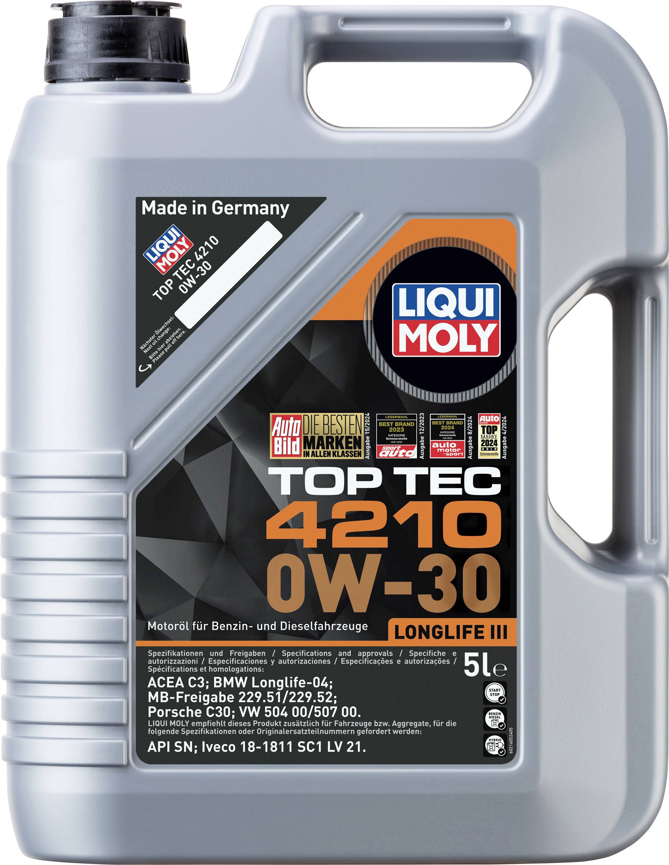 Jerrycan met 5 liter Liqui Moly motorolie, 'TOP TEC 4210 0W-30', geschikt voor benzine- en dieselvoertuigen. Gemaakt in Duitsland.