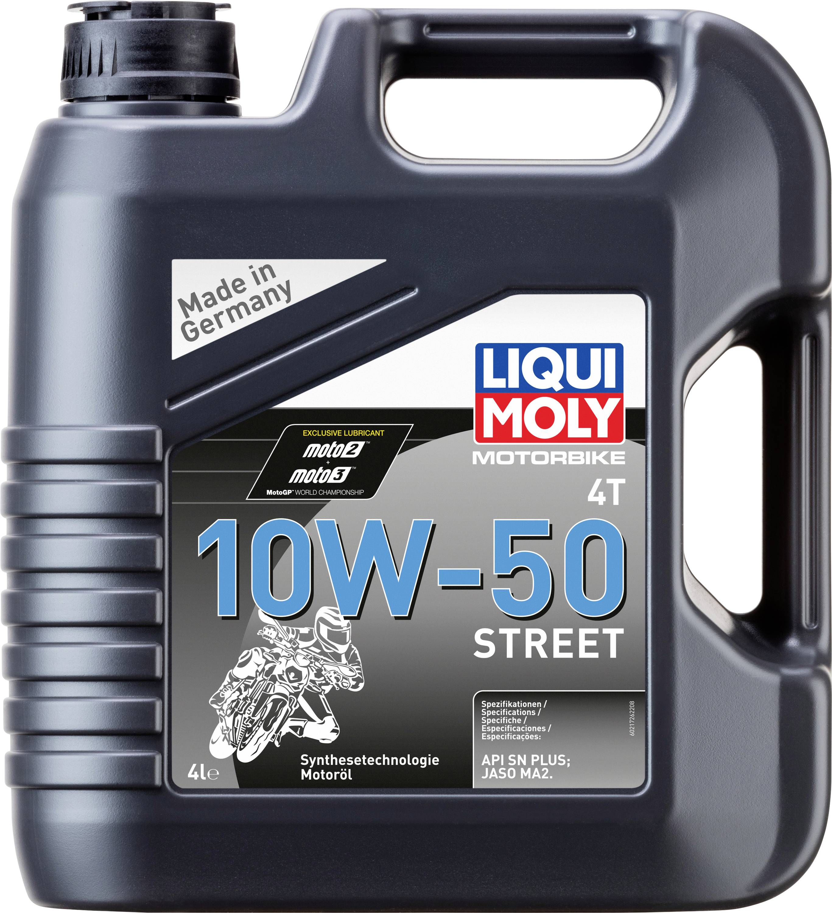 Een zwarte jerrycan met 4 liter motorolie voor motorfietsen, merk Liqui Moly, viscositeit 10W-50, geschikt voor 4-takt motoren.