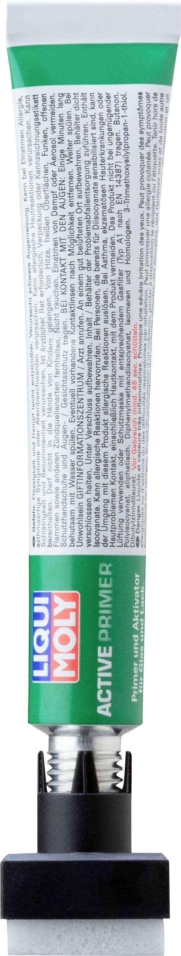 Een tube met het opschrift 'Liqui Moly Active Primer', die wordt gebruikt als grondlaag of voorbehandeling voor oppervlakken.