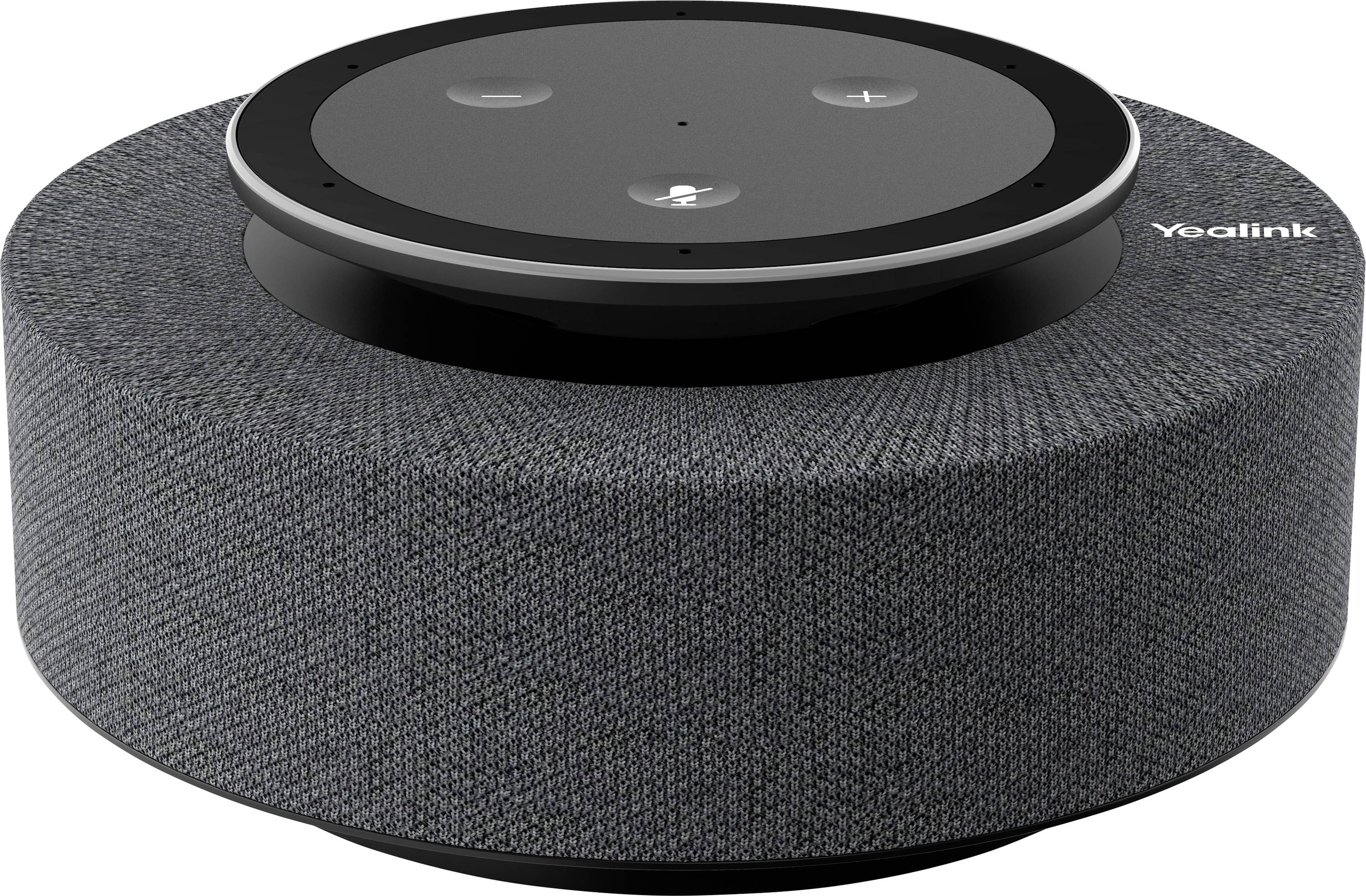 Een ronde slimme speaker met een met stof bedekt lichaam en aanraakgevoelige knoppen bovenop, gelabeld als 'Yealink.'