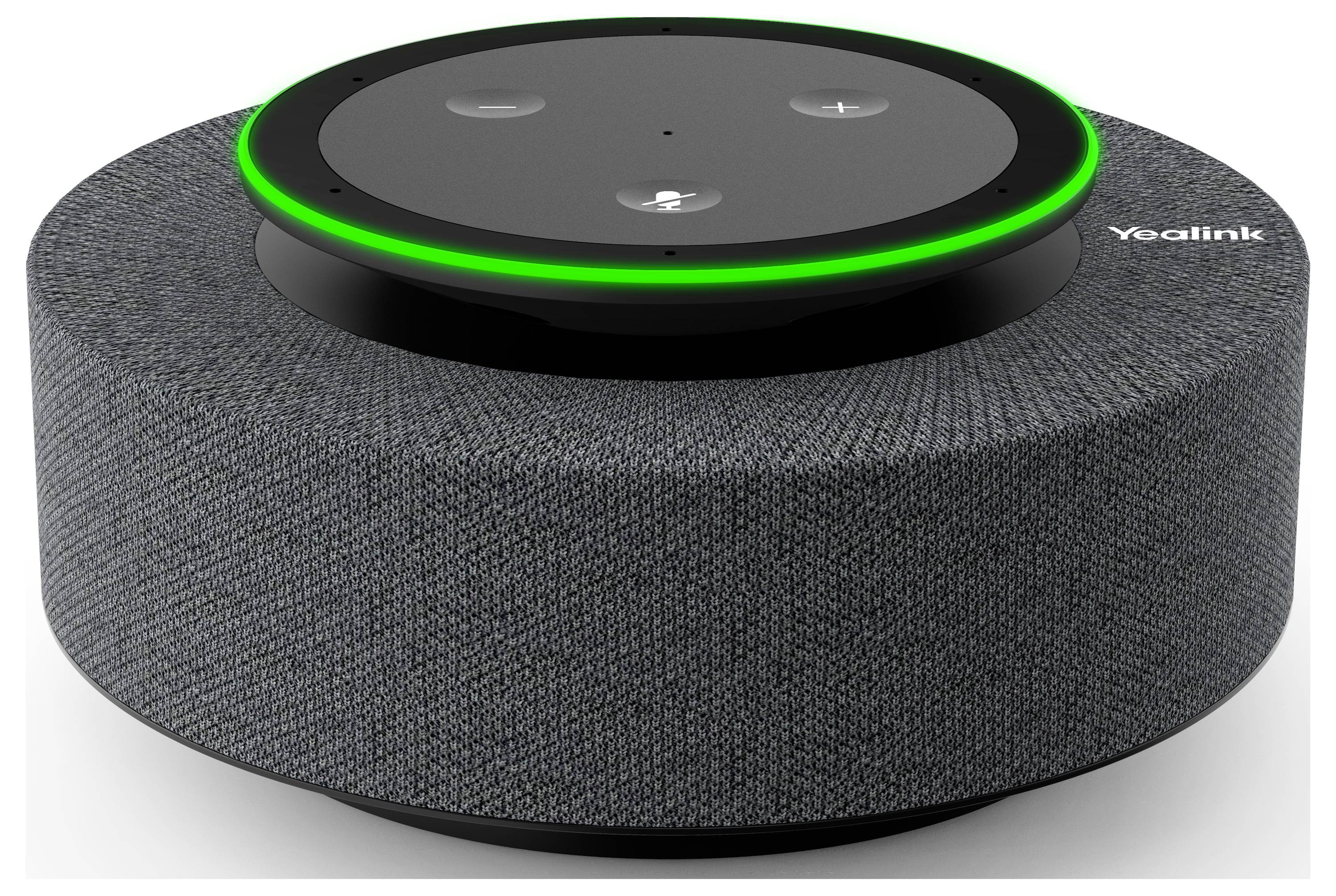 Een grijze, cilindrische slimme speaker met een rond bedieningspaneel bovenop en een groene LED-lichtring langs de rand.