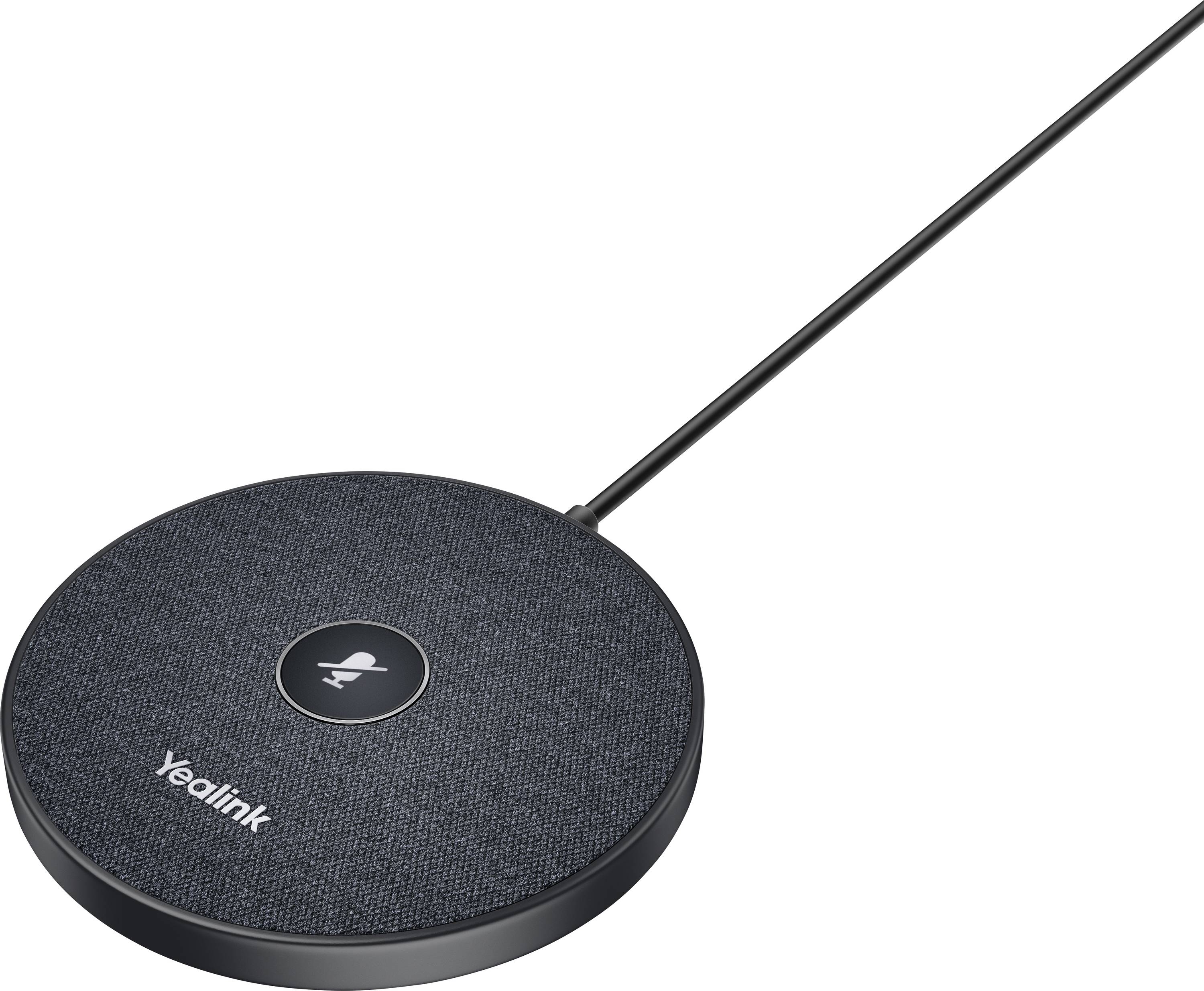 Ronde zwarte luidspreker met 'Yealink' logo en een gedempt microfoonpictogram bovenop, verbonden door een kabel, waarschijnlijk voor audio- of communicatiedoeleinden.
