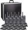 Draadloze communicatieset met tien draagbare handportofoons, tien microfoons en een grote transportkoffer.
