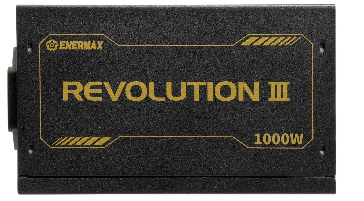 Netvoeding met opschrift 'Revolution III 1000W' van Enermax, zwart met gele details.