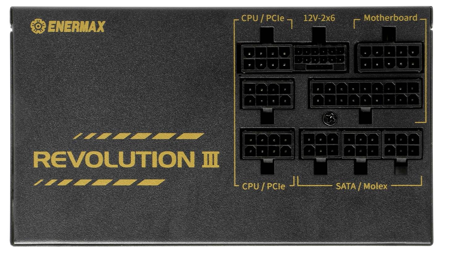 'Zwarte voeding met Enermax-logo linksboven. Tekst "REVOLUTION III". Toont verschillende aansluitingen voor CPU/PCIe, 12V, moederbord.'