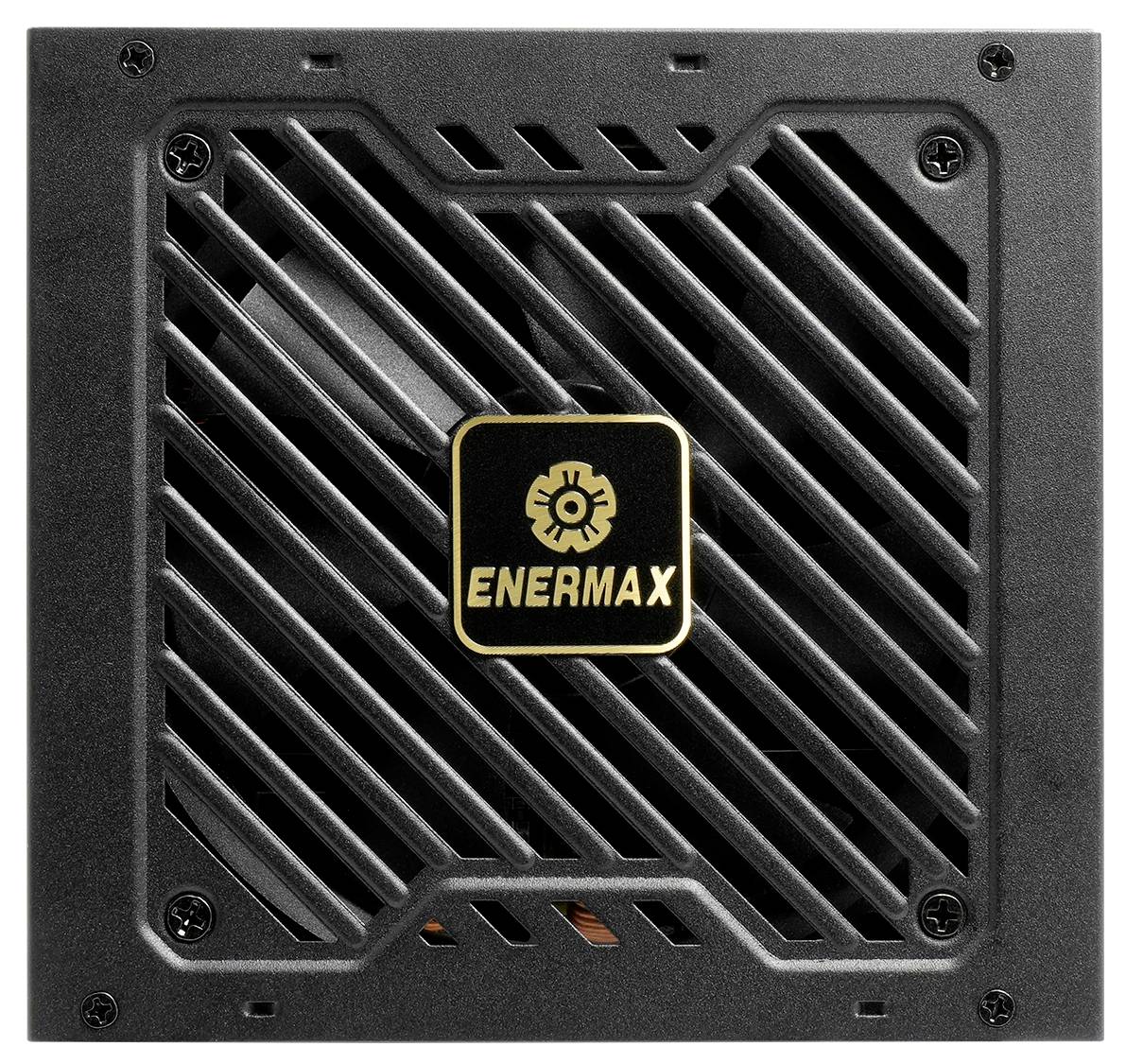 Computervoeding van Enermax met zwart rasterontwerp en goudkleurig logo in het midden.