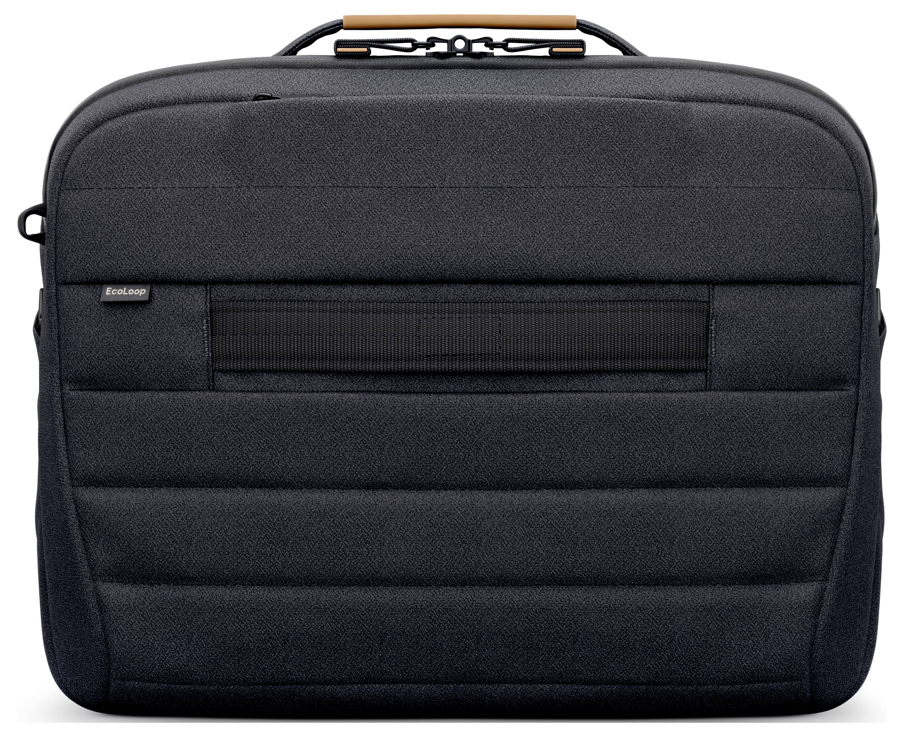 Een zwarte laptoptas met een draaggreep en gevoerde buitenkant. Hij heeft een eenvoudige, functionele uitstraling.