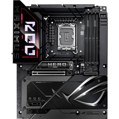 'Bovenaanzicht van een computer-moederbord met een LGA 1700-socket, RAM-sleuven en logo's, geschikt voor krachtige pc's.'