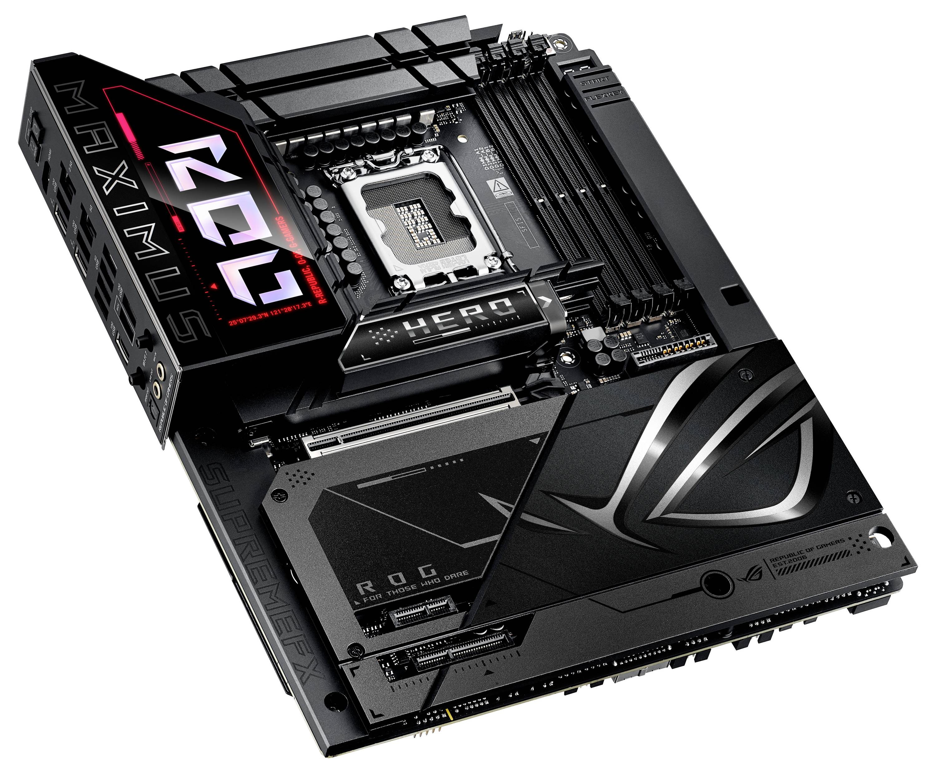 Een ROG Maximus Hero Moederbord met zwart-grijs design en RGB-verlichting, geschikt voor krachtige PC-builds.