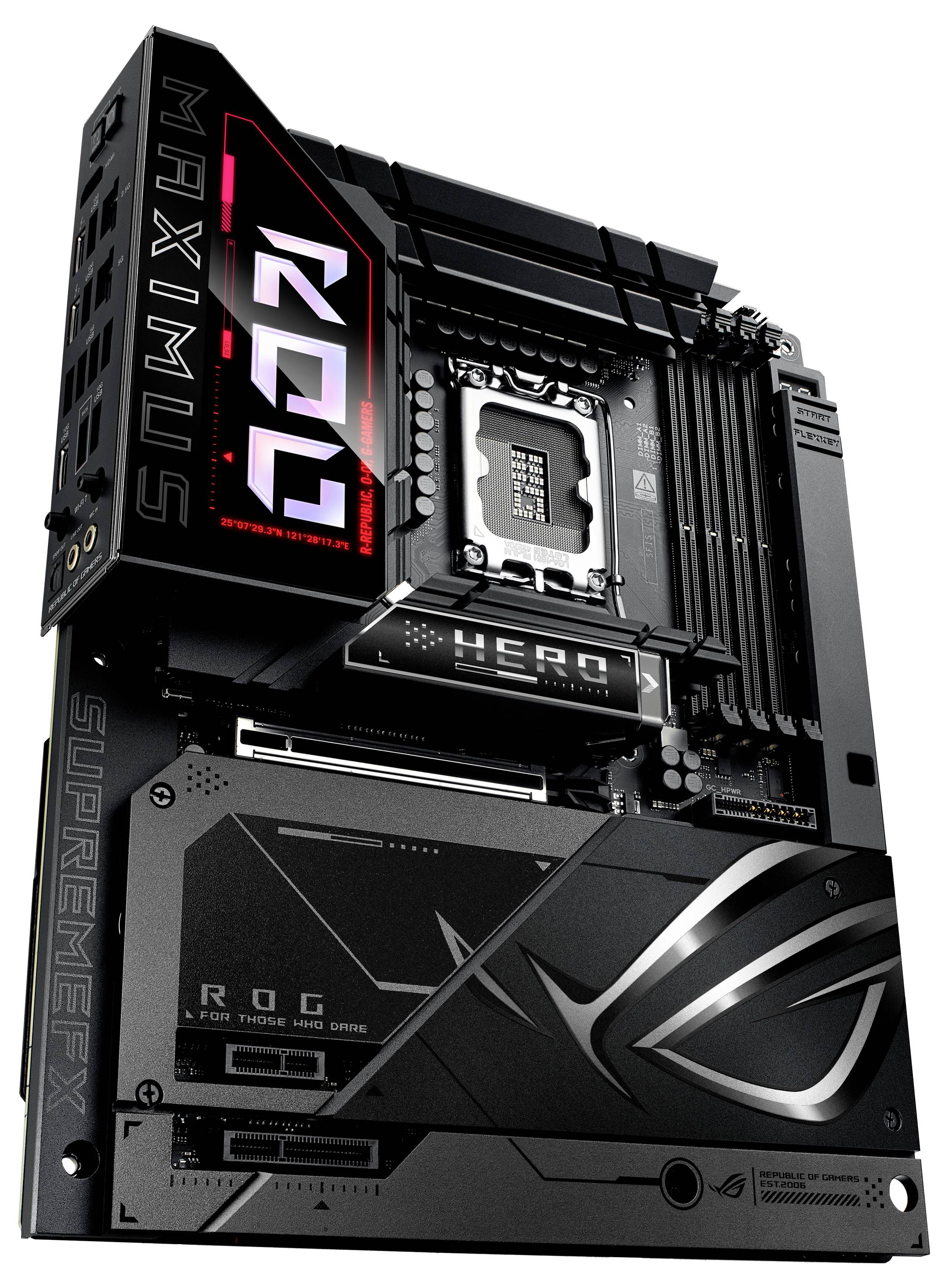 Moederbord met zwarte koellichamen en RGB-verlichting, model 'ROG Maximus Z690 Hero', voor gaming-pc's. CPU-socket en RAM-sleuven zichtbaar.