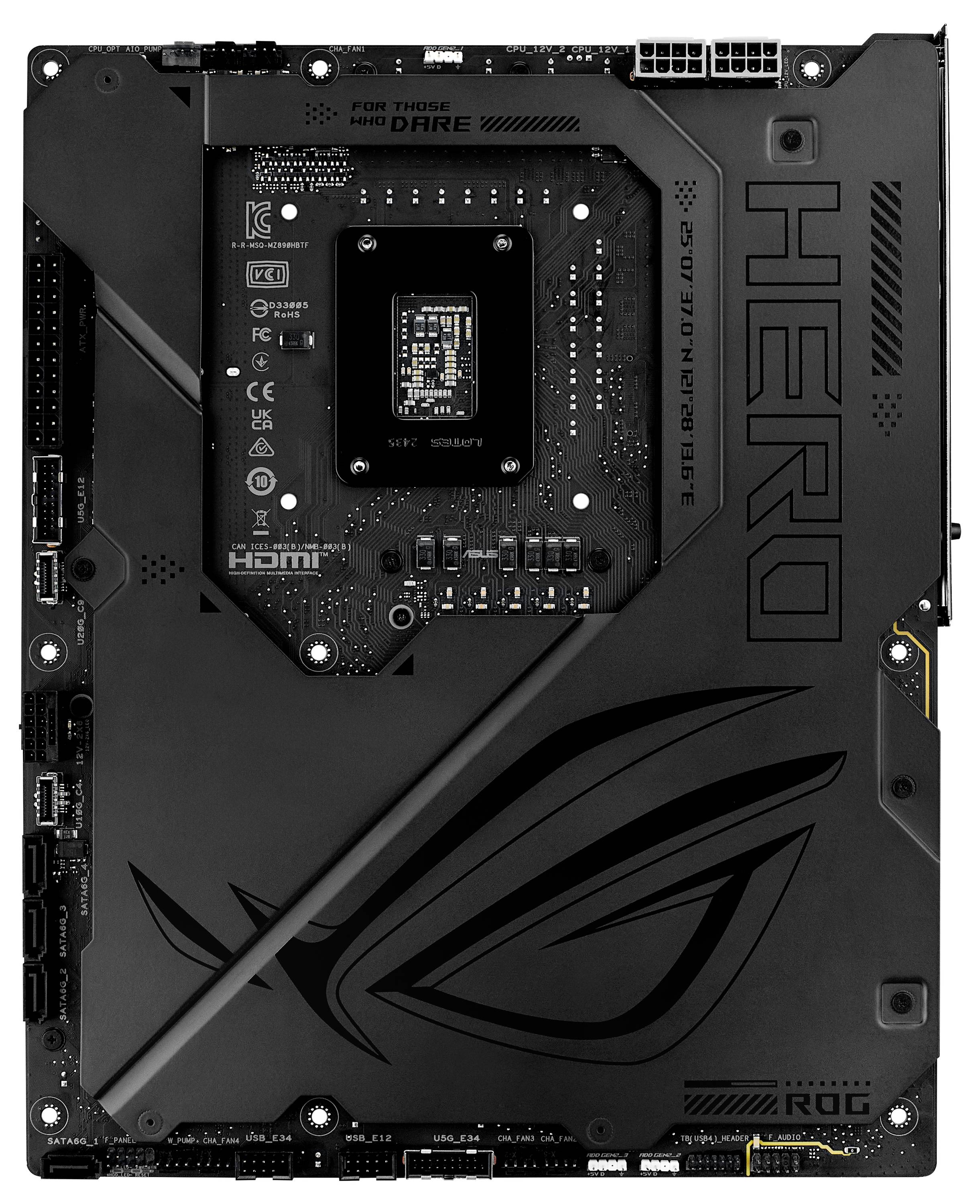 Een zwart computermoederbord met de opdruk 'HERO' en een groot ROG-logo. Verschillende aansluitpoorten zijn zichtbaar.