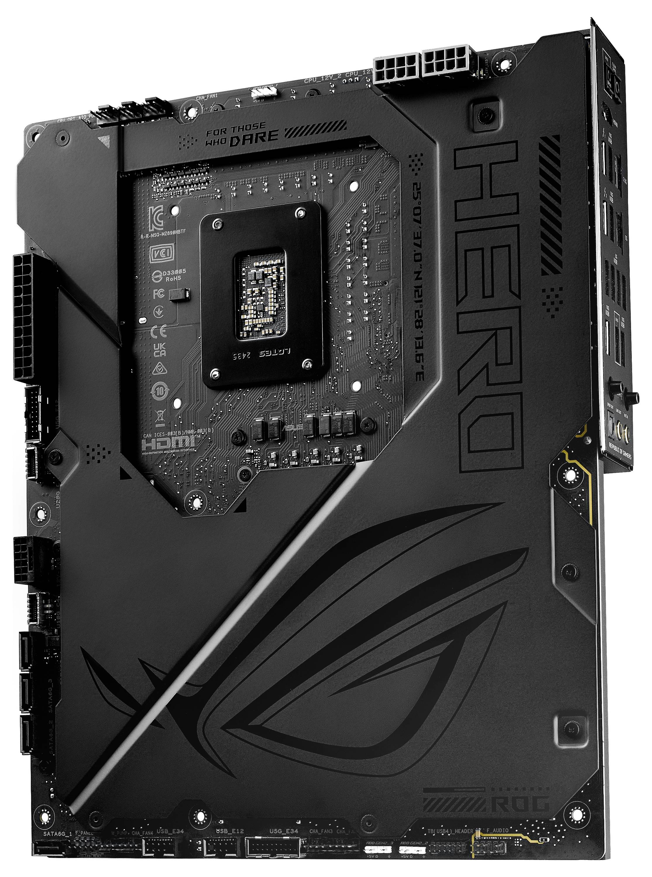 Zwart moederbord met de tekst 'HERO' en 'ROG'-logo, geschikt voor krachtige computers, toont aansluitingen en chipset.