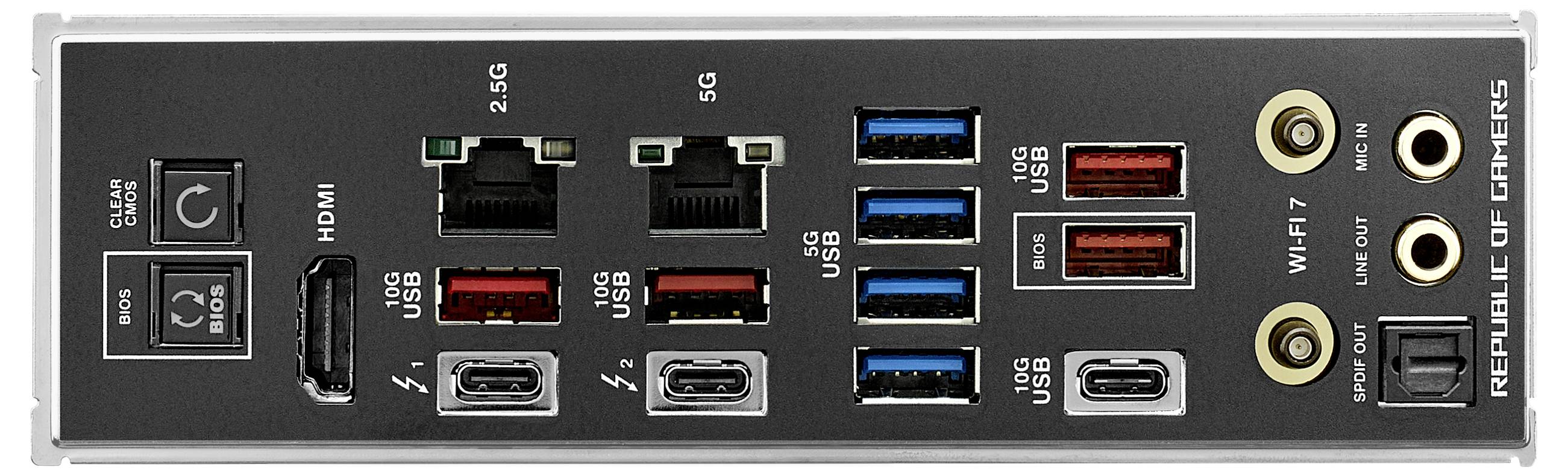 Aansluitingen op de achterkant van een pc: HDMI, USB-C, USB 3.0, Audio, Ethernet en WLAN-aansluitingen met het opschrift 'REPUBLIC OF GAMERS'.