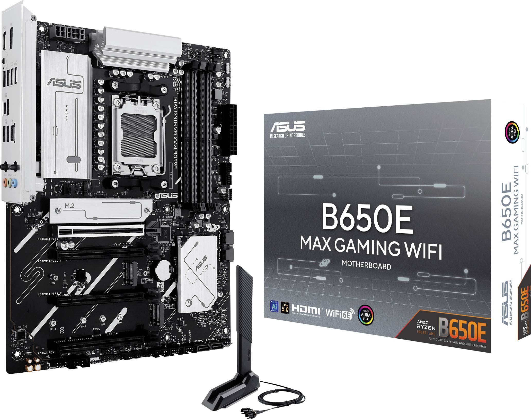 'ASUS B650E Max Gaming WiFi' Moederbord met verpakking en antenne. Ondersteunt AMD Ryzen processors, WIFI 6E en HDMI.