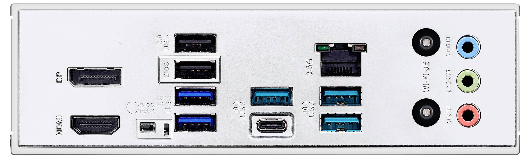 Achterkant van een computer-moederbord met aansluitingen: DP, HDMI, talrijke USB-poorten, Ethernet en audio-in- en uitgangen.