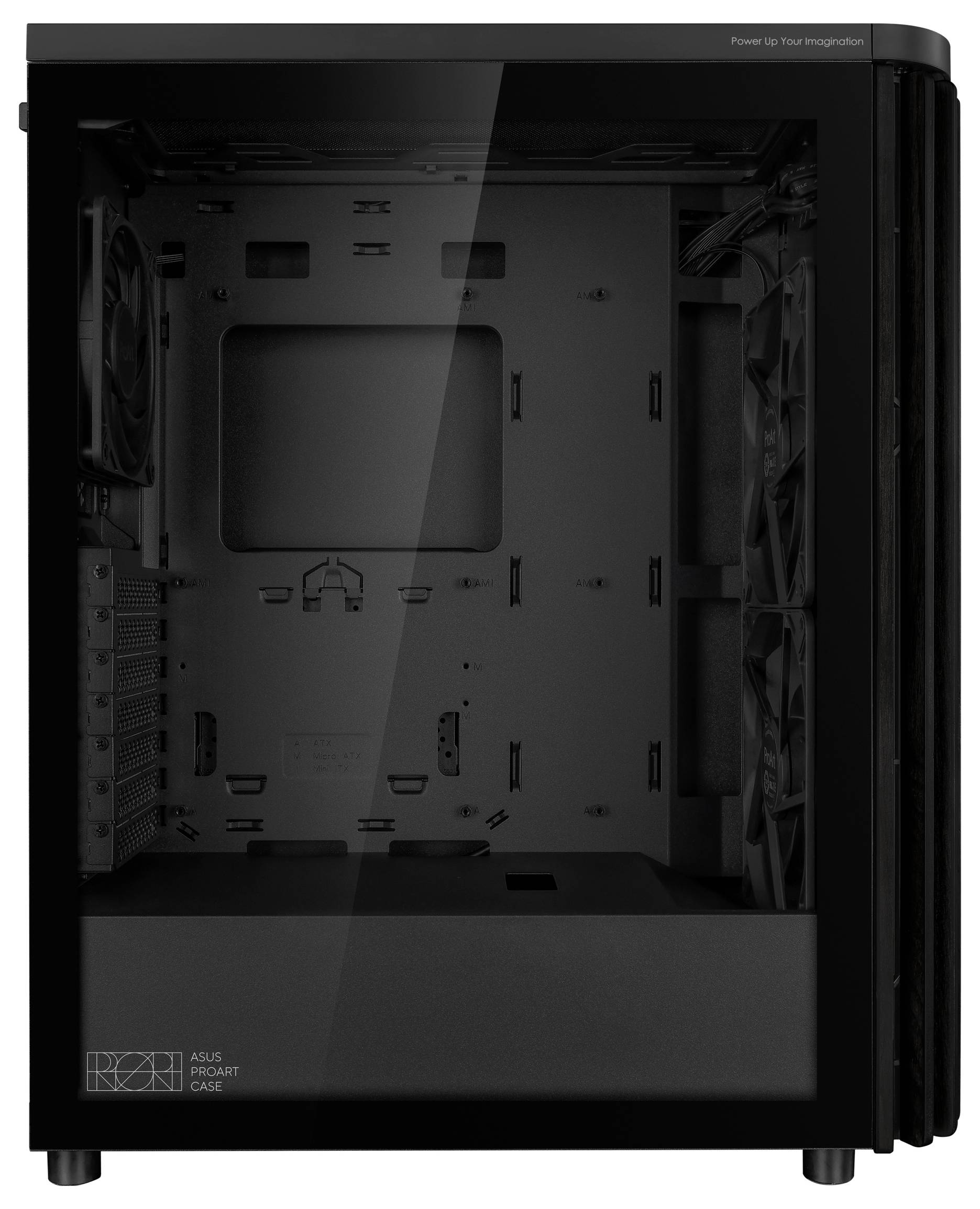 Zwart computerbehuizing met glazen zijpaneel, open en leeg, toont interne frames en ventilatorposities.