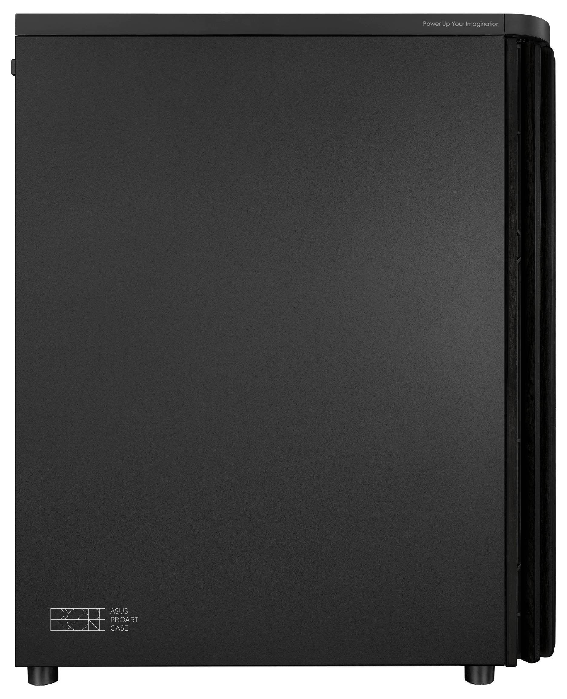 Een zwart computerbehuizing met zijdelingse ventilatie. Rechtsboven staat klein 'Power up your imagination'. Linksonder het logo 'Asus ProArt Case'.