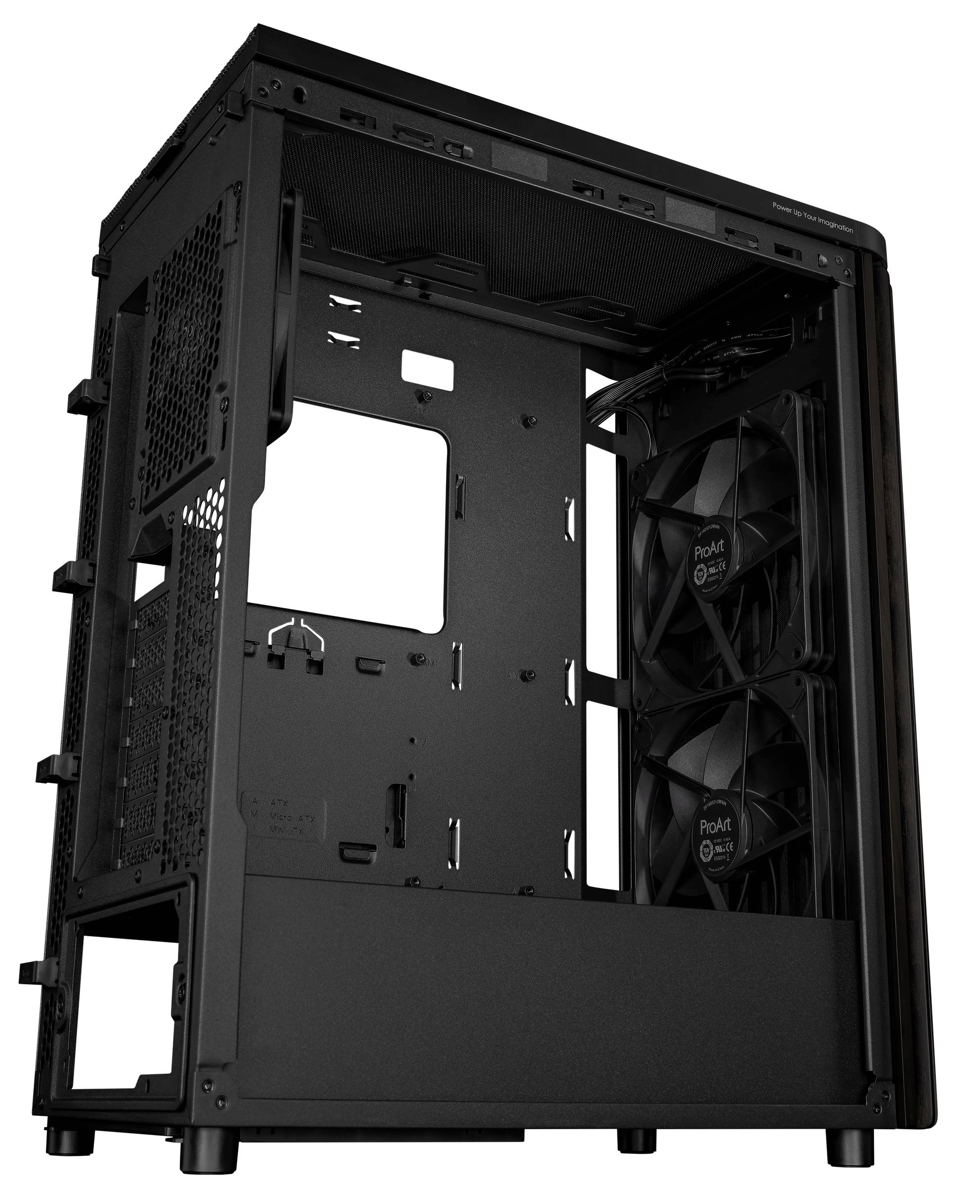 Zwart, leeg computerbehuizing met open zijkanten, toont interne ventilatoren en ruimte voor componenten. Ideaal voor pc-assemblage.