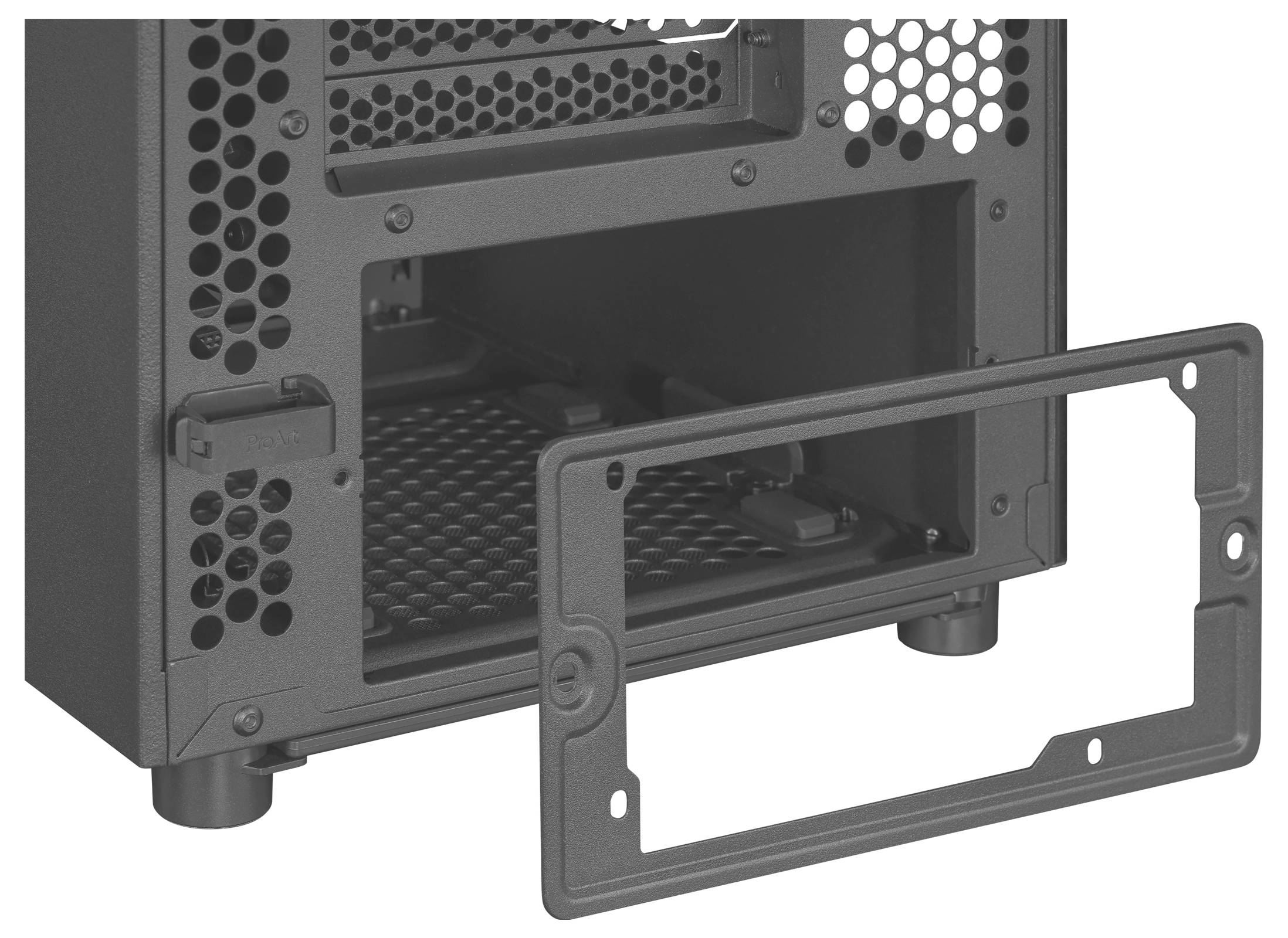 Computerbehuizing met verwijderde ventilator- of slotafdekplaten. Open ruimte toont binnenruimte voor hardwareinstallatie.