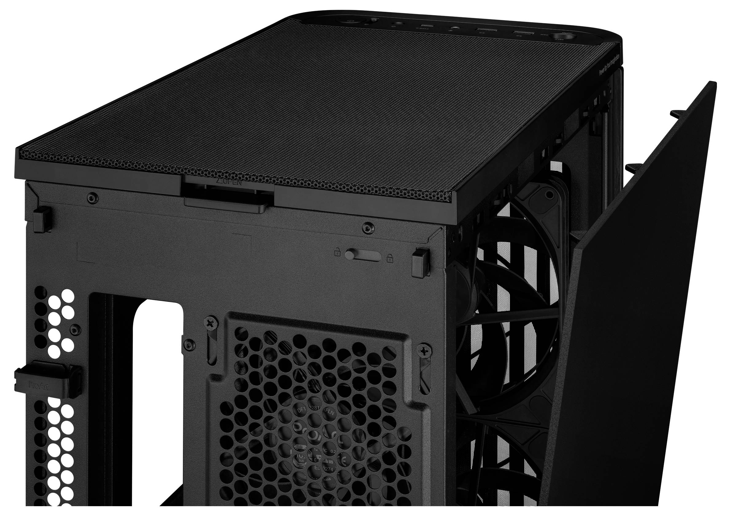 Een zwart computerbehuizing met een open zijpaneel toont ventilatoren en interne structuur.