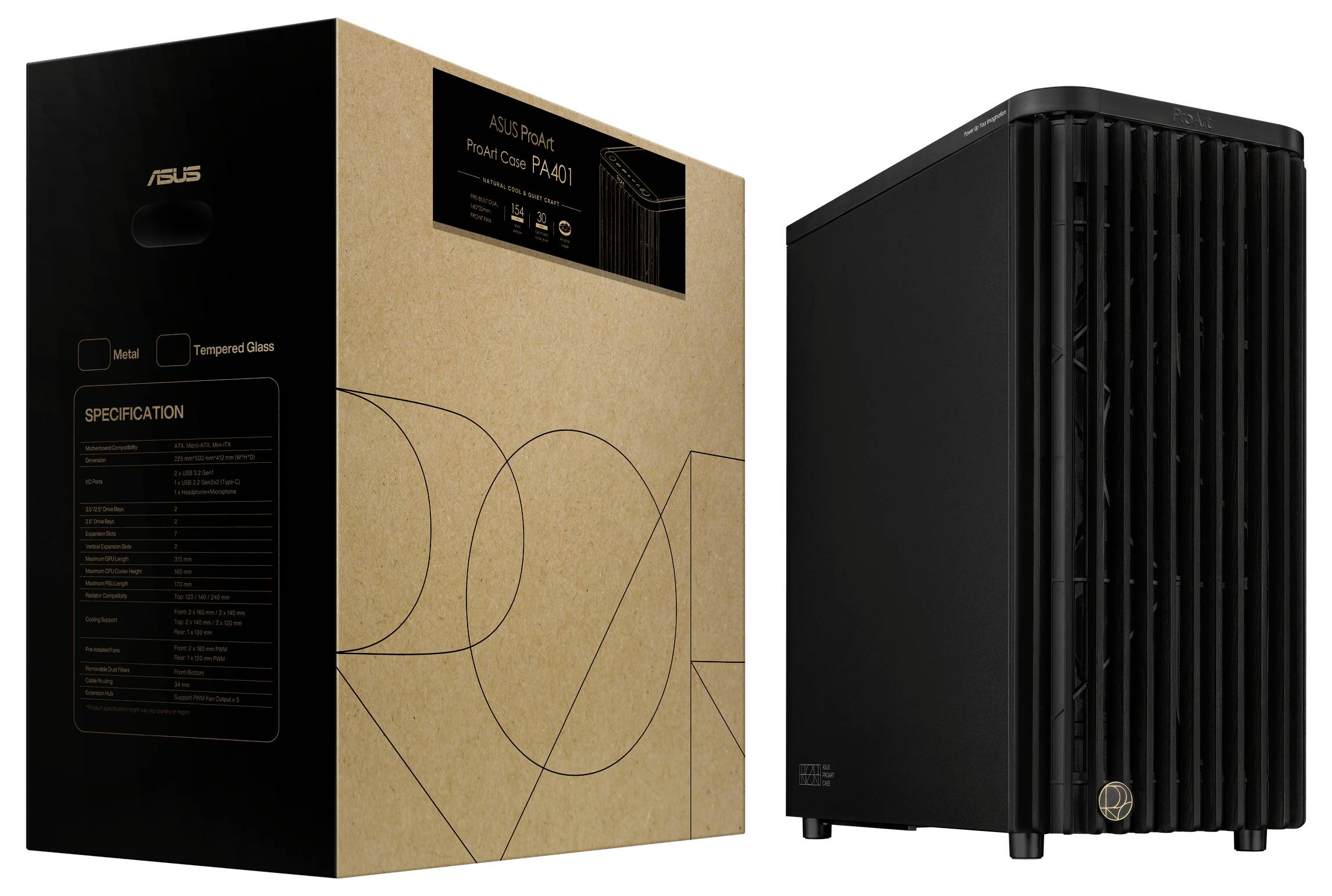 Zwart computerbehuizing naast bruine verpakking met ASUS-logo. Verpakking toont model- en specificatiedetails.
