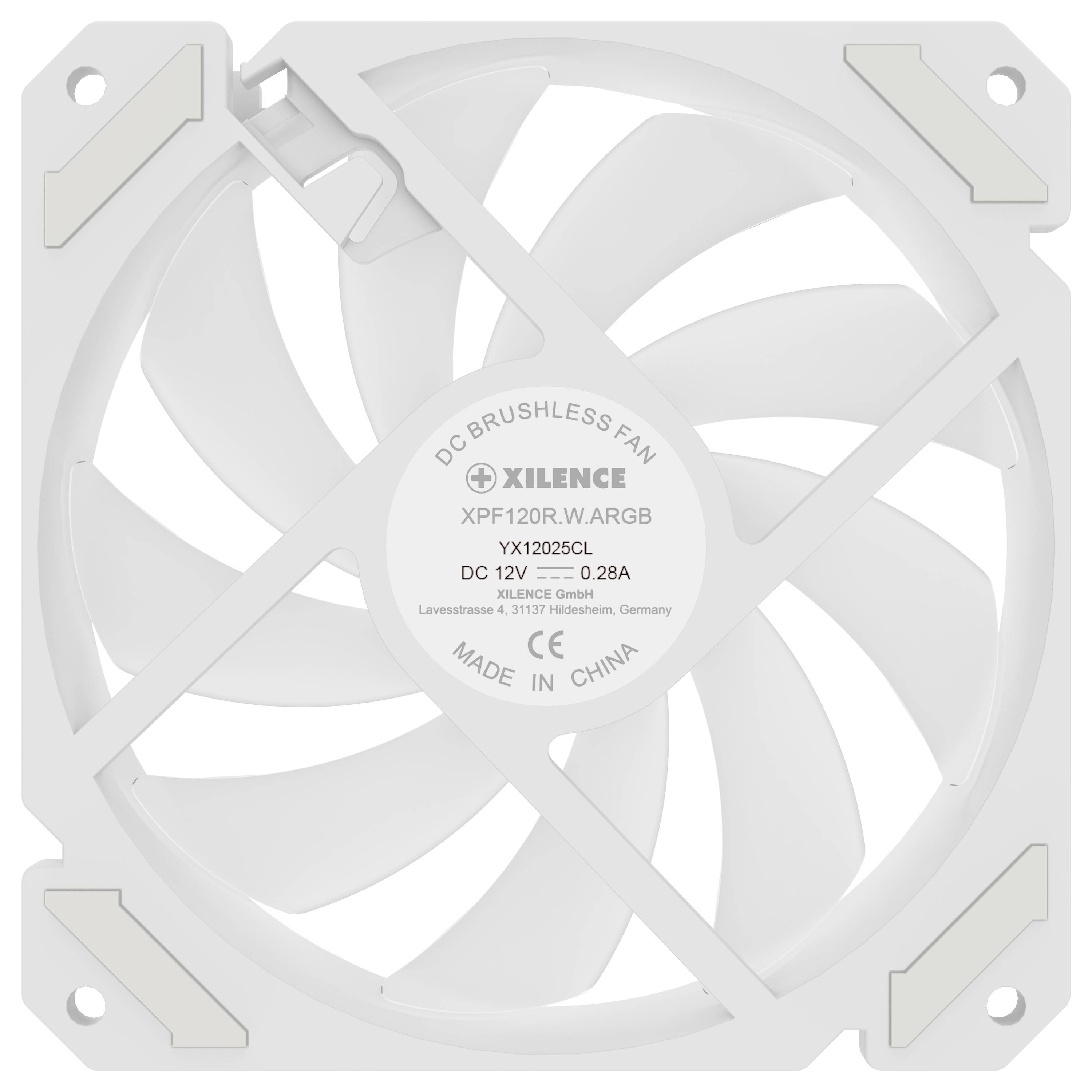 Witte computerventilator met acht vleugels, model 'XPF120.R.W.ARGB' van Xilence. Spanning: 12V, stroom: 0,28A. Geproduceerd in China.
