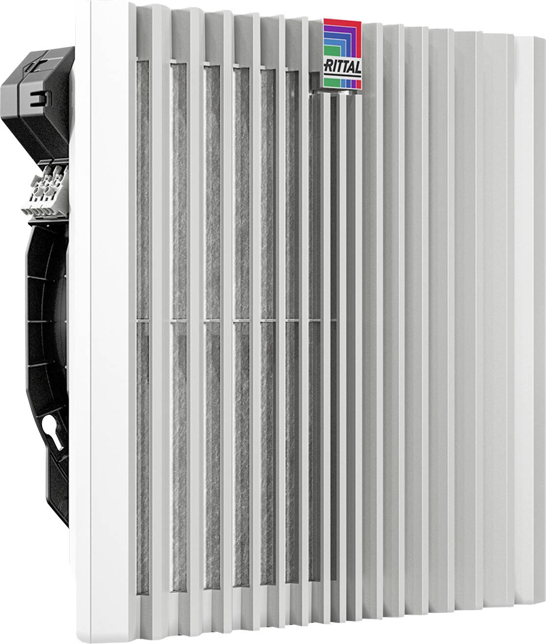 Een rechthoekig, grijs ventilatierooster met verticale lamellen, gemarkeerd met een klein 'Rittal'-logo rechtsboven.