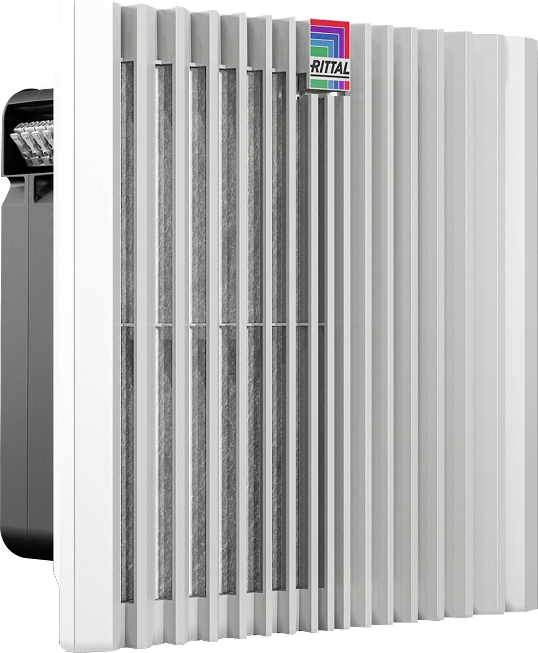 Een grijze ventilator met verticale lamellen, zichtbaar aan de zijkant. Rechtsboven een klein, kleurrijk logo. Hoofdfunctie: koeling.